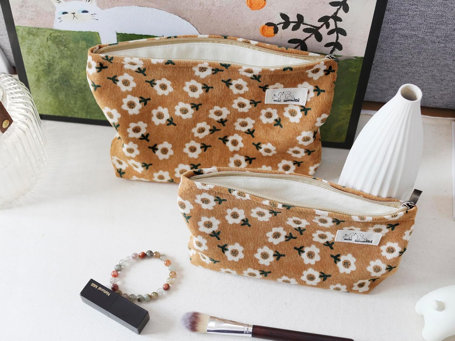 HAPPYHEIDI Floral Makeup Bag Set 3 Cosmetic Toiletry Organizer Zipper Pouch for Purse Tote, Women Girls Gift, Large Medium Small, Kihaki Brown Corduroy - Image 6