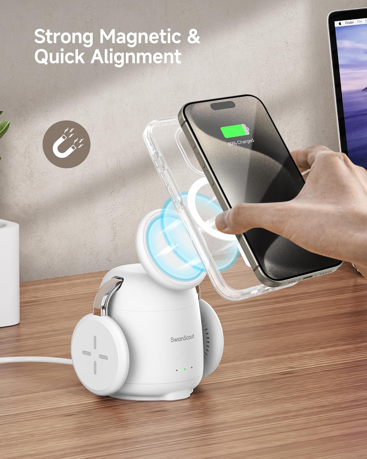 SwanScout Charging Station for MagSafe Charger, 3 in 1 Wireless Charger for iPhone 17/Air/16/15/14/13/12 Series, for Apple Watch & Air Pods, SwanScout 707M (No Adapter)