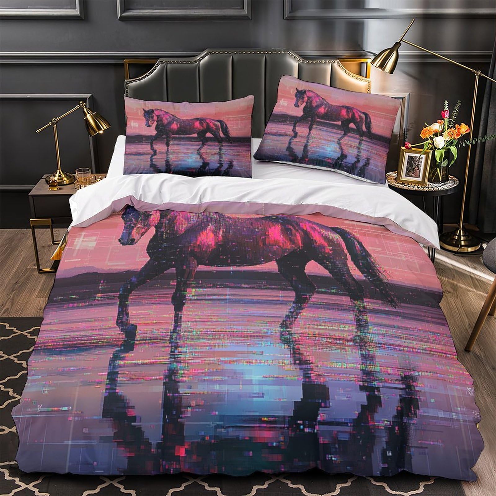 Housse de couette cheval 3D microfibre résistante lavable pour lit king