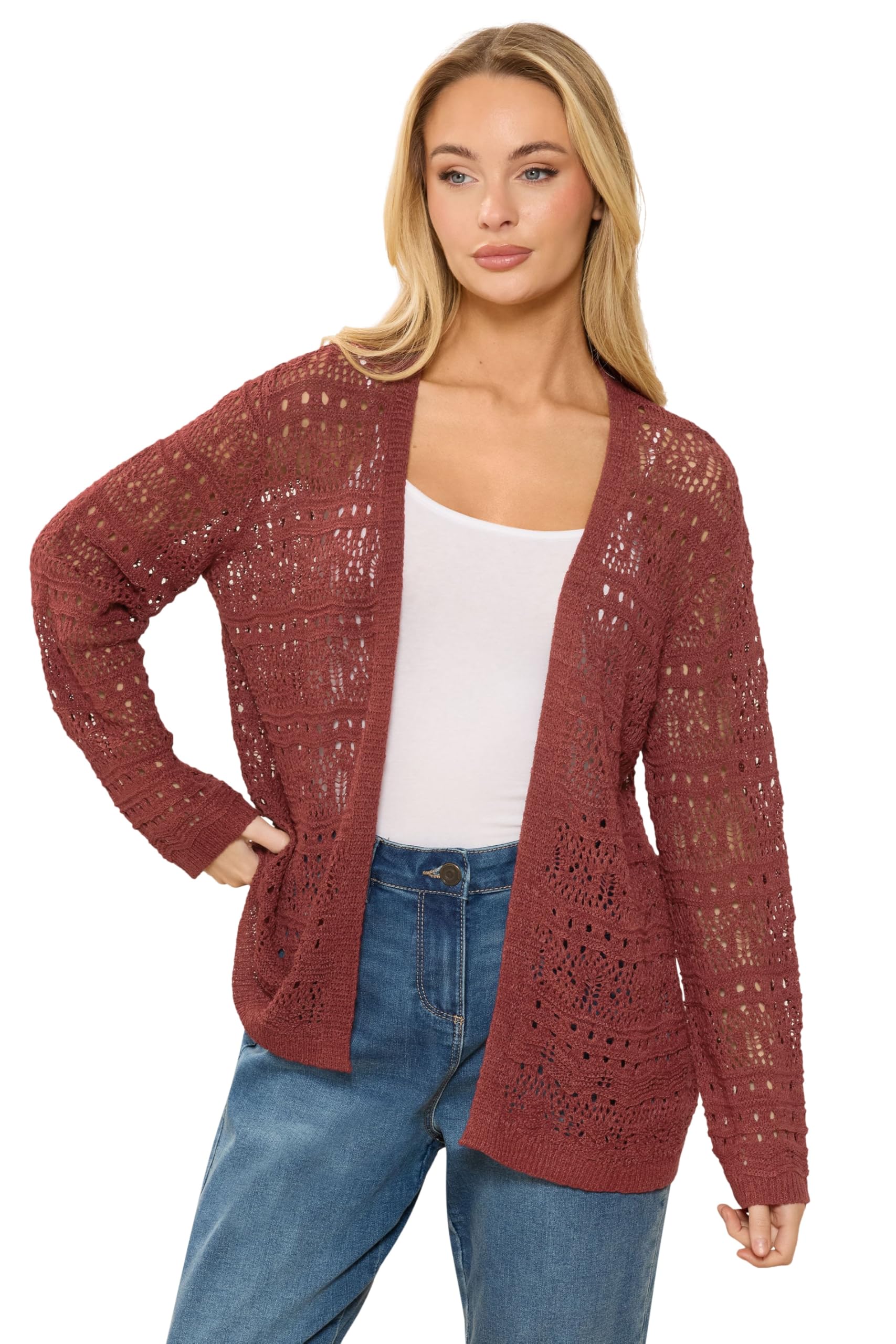 M&Co Women's Open Front Crochet Cardigan Sweater in Maroon | Size: 10-12