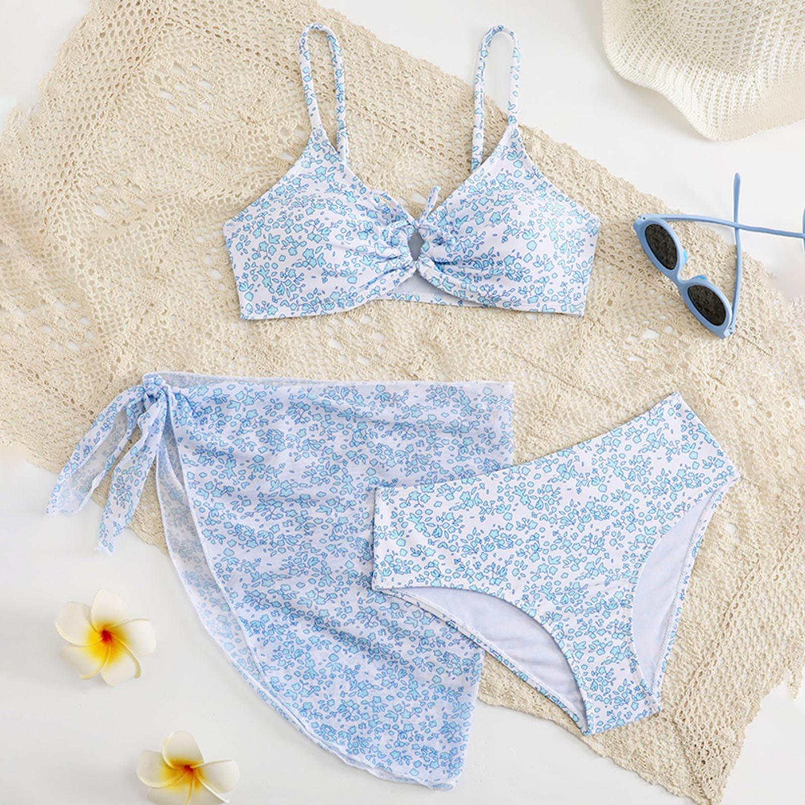 Generisch Disfraz de natación para niña, bonito traje de baño de tres piezas para niñas en verano con estampado cruzado, estampado teñido y estampado floral
