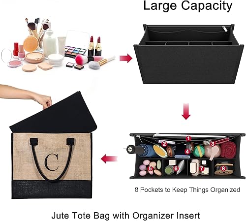 Miniatura 4 de Bolsa de yute con inicial, con inserto organizador de bolsa, bolsa de viaje personalizada, regalos de cumpleaños para mujeres