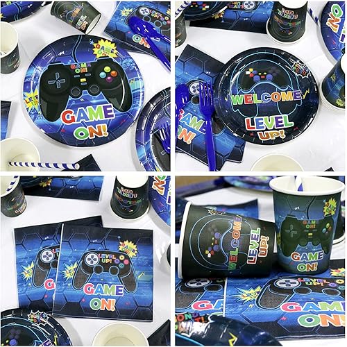 Miniatura 4 de Suministros para fiestas de videojuegos Kit de decoración de cumpleaños para niños, incluye pancarta de feliz cumpleaños, platos, vasos,