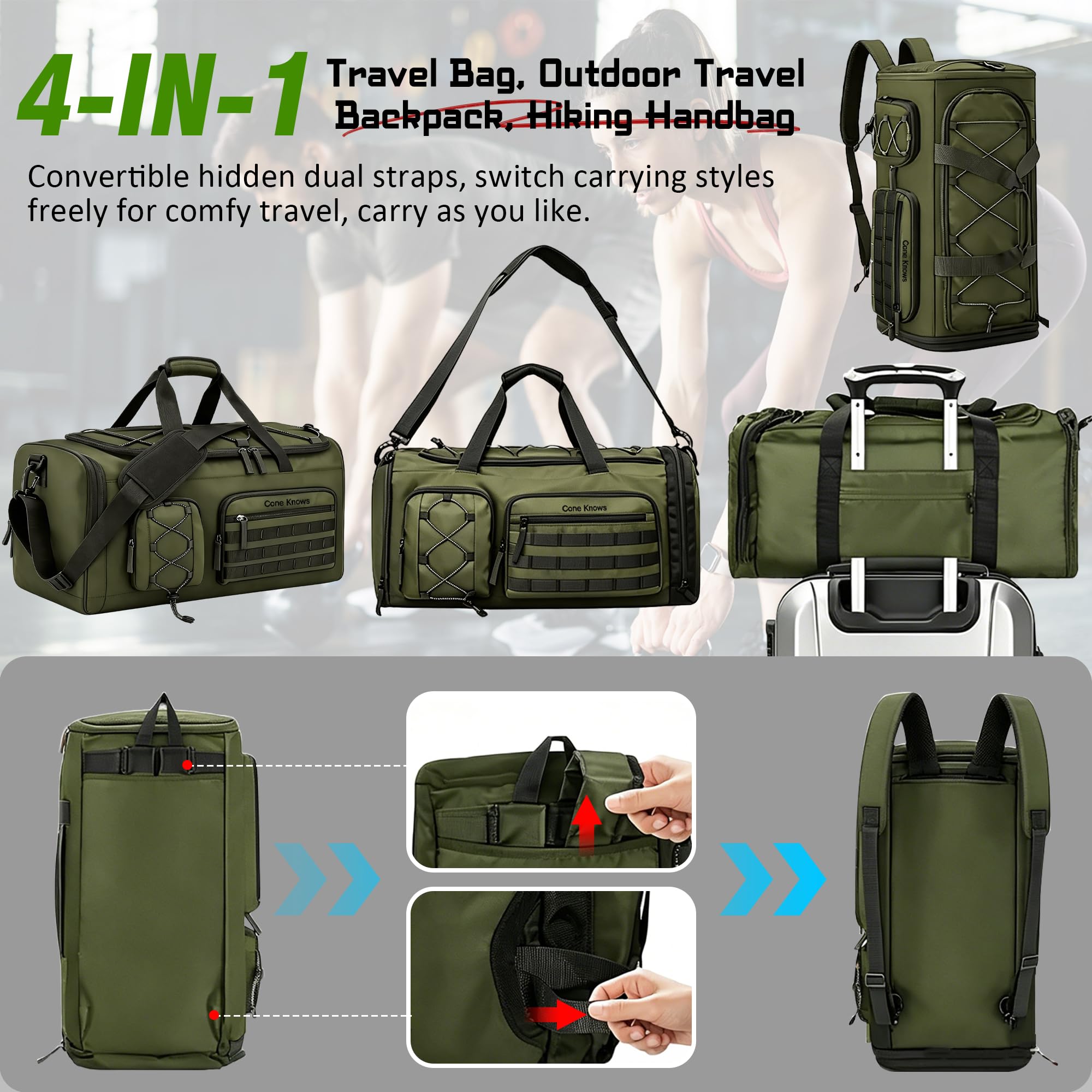36-55 l torba sportowa, męska, damska, 3 w 1, torba podróżna z kieszenią na buty, wodoszczelna, na siłownię, torba treningowa, do aktywności na świeżym powietrzu, fitnessu, podróży, zielona