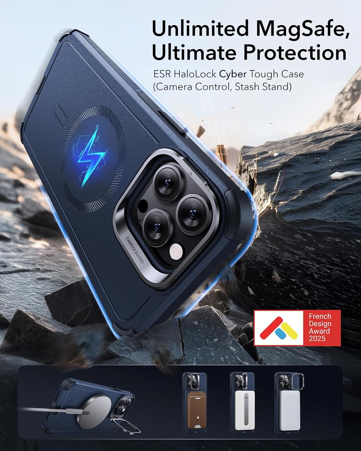 ESR for iPhone 14 Pro Max Case with Stand, 23 ft Military-Grade Drop Protection Heavy Duty Magnetic Phone Case, Compatible with MagSafe Accessories, Cyber Series, Blue