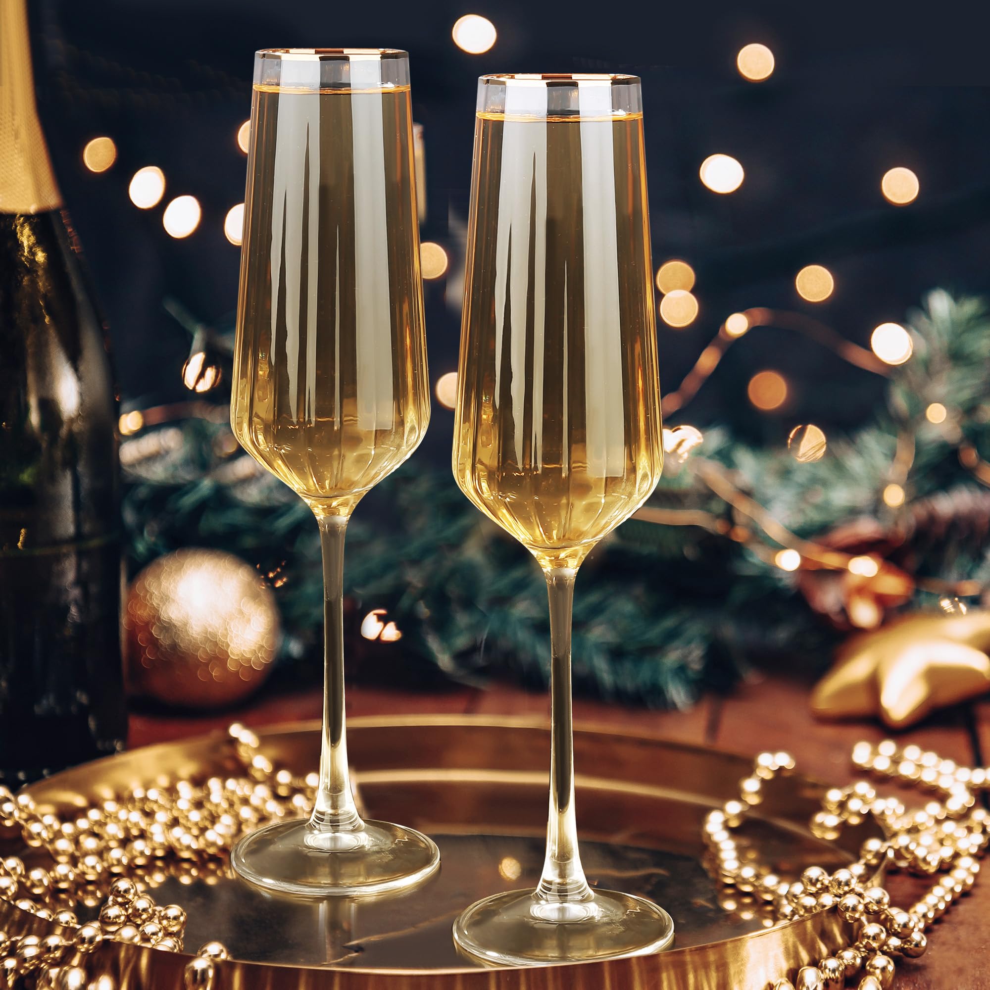 Joeyan 270ml Flute Champagne Verre Élégantes avec Bord Doré,Lot de 2 Coupe à Vin Rayés,Soufflé à la Main,Transparent Verre a Pied Cristal pour Noël Fêtes Mariages anniversaire,Passe au lave-vaisselle