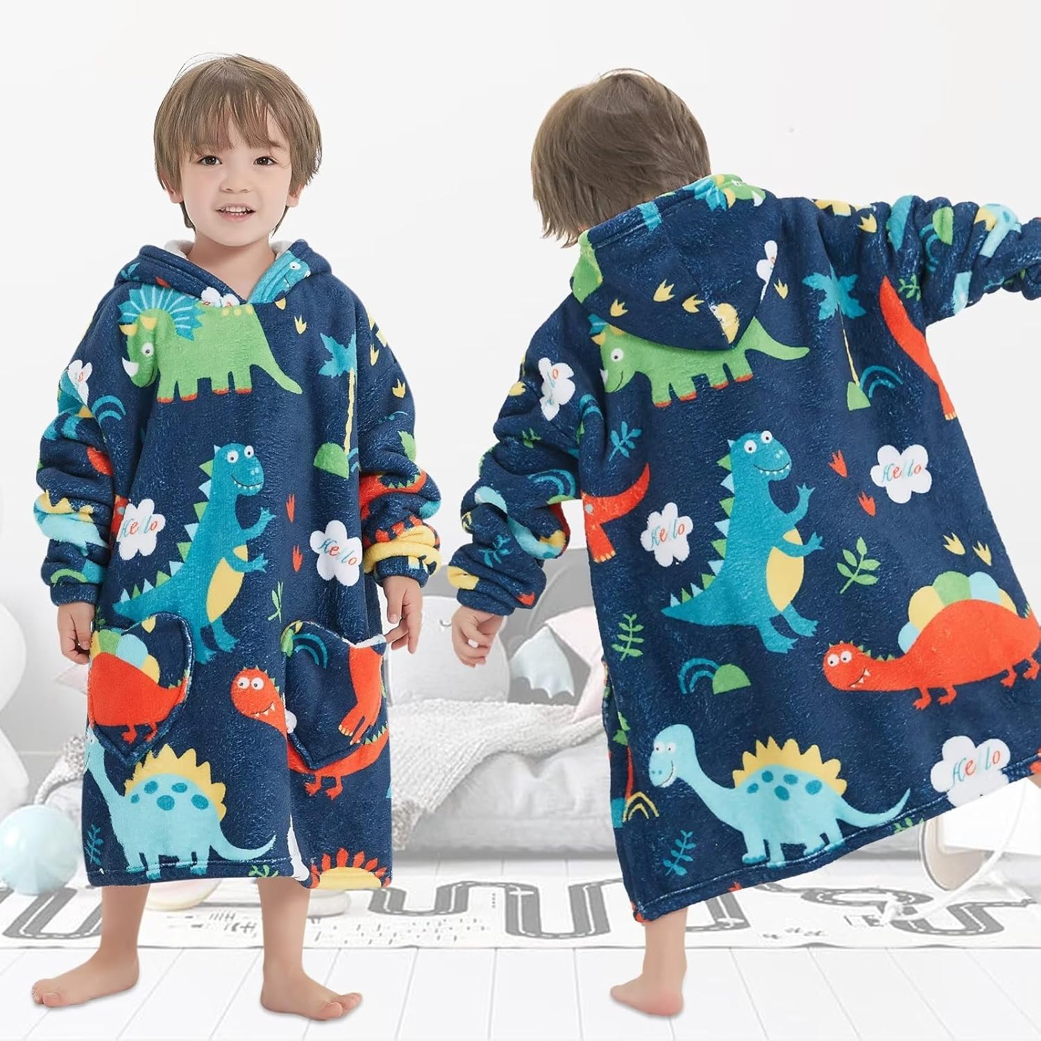 Fiosnow Dinosaur Blanket Hoodies for Kids Toddler 2-6YR Oversize Wearable Blanket Hoodies for Boys Girls - Image 5