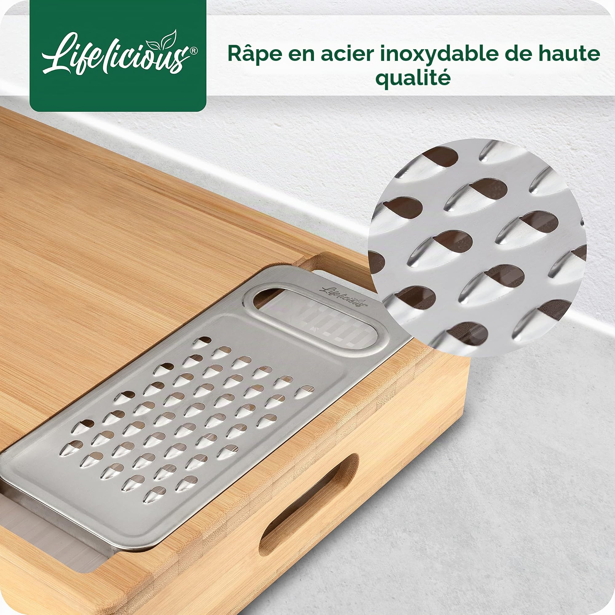 Planche à découper de qualité supérieure avec bac récupérateur [avec râpe en acier inoxydable] Bols en plastique lavables au lave-vaisselle - Grande planche de cuisine