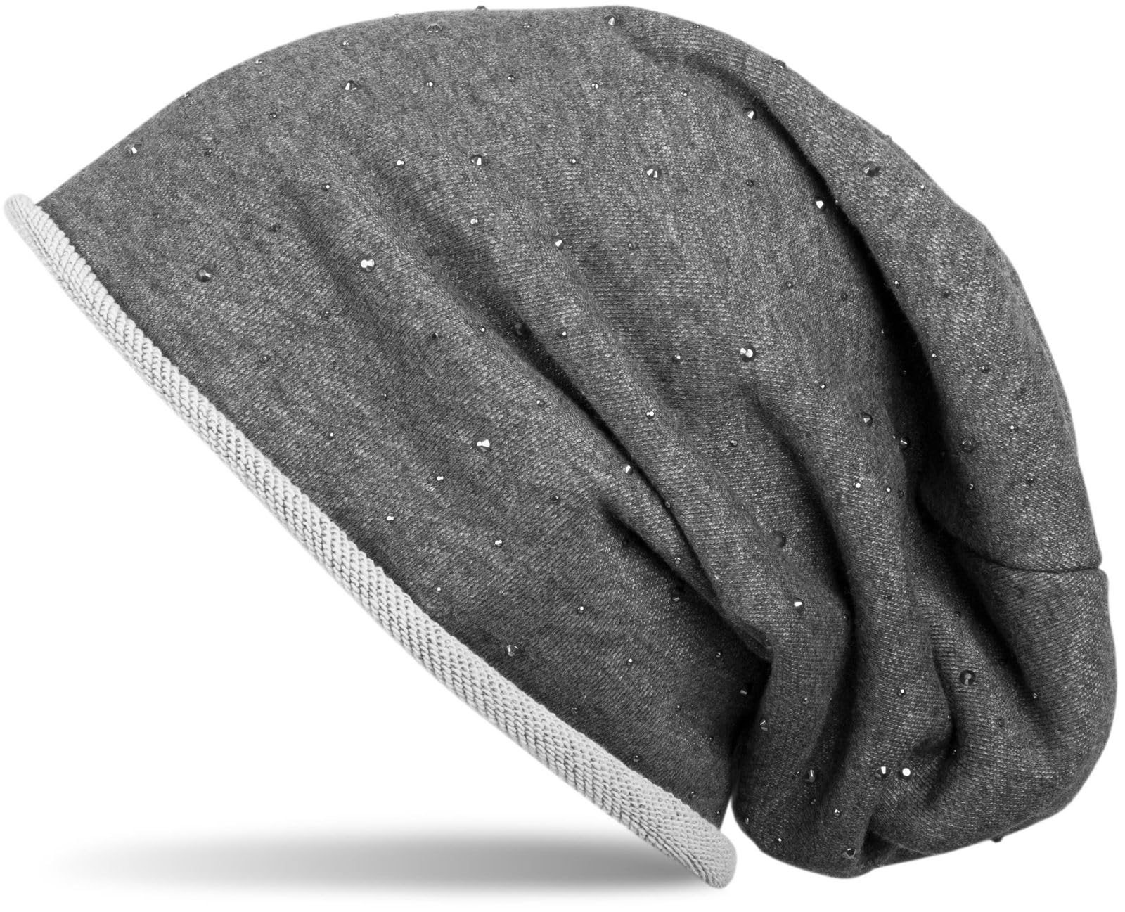 styleBREAKER Classic Beanie hat with Rhinestone Stud Application and Turn up, Warm, Unisex 04024024, Colour:Dark Grey