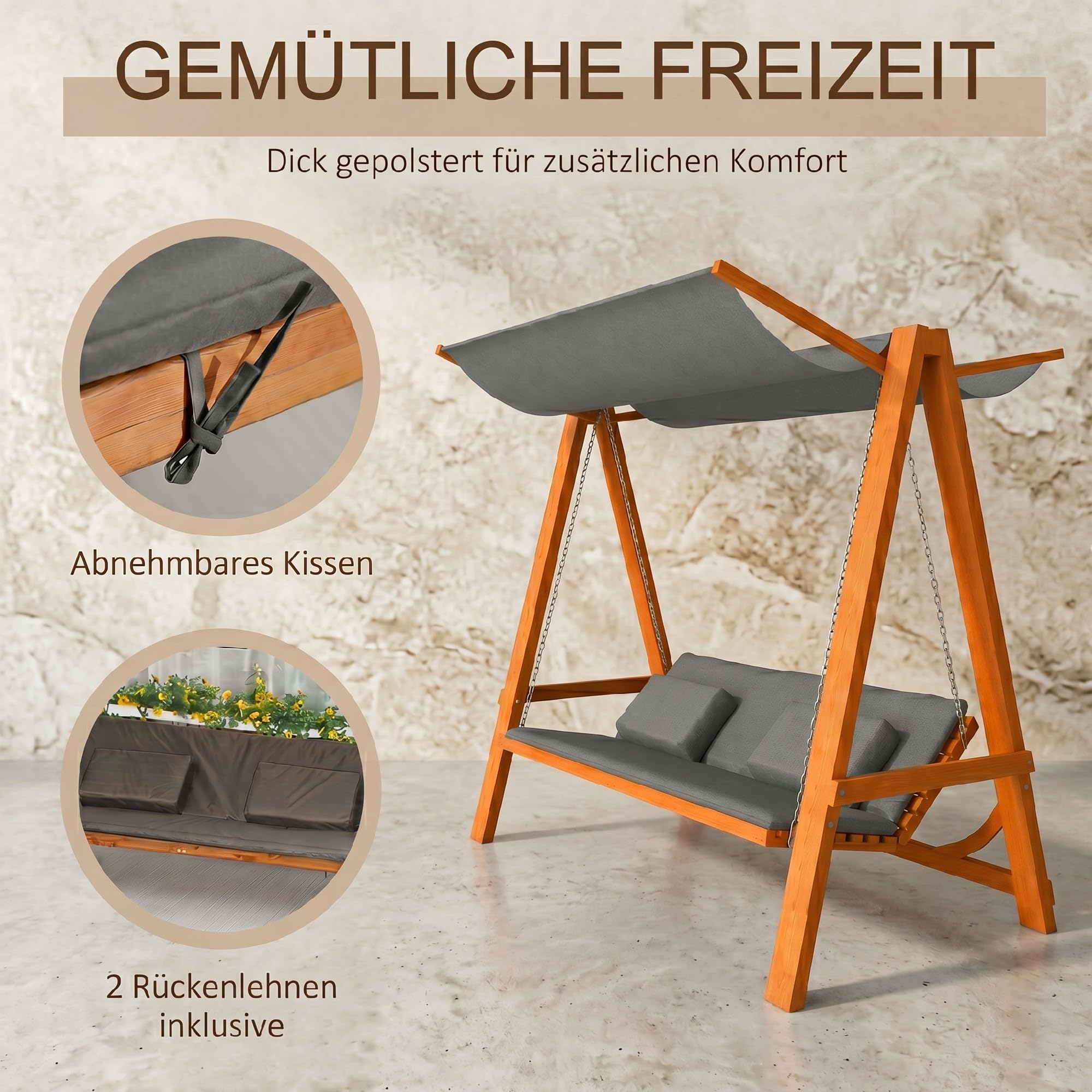 Outsunny Hollywoodschaukel 3-Sitzer Lärche 225,5 x 130 x 180 cm Grau+Teak
