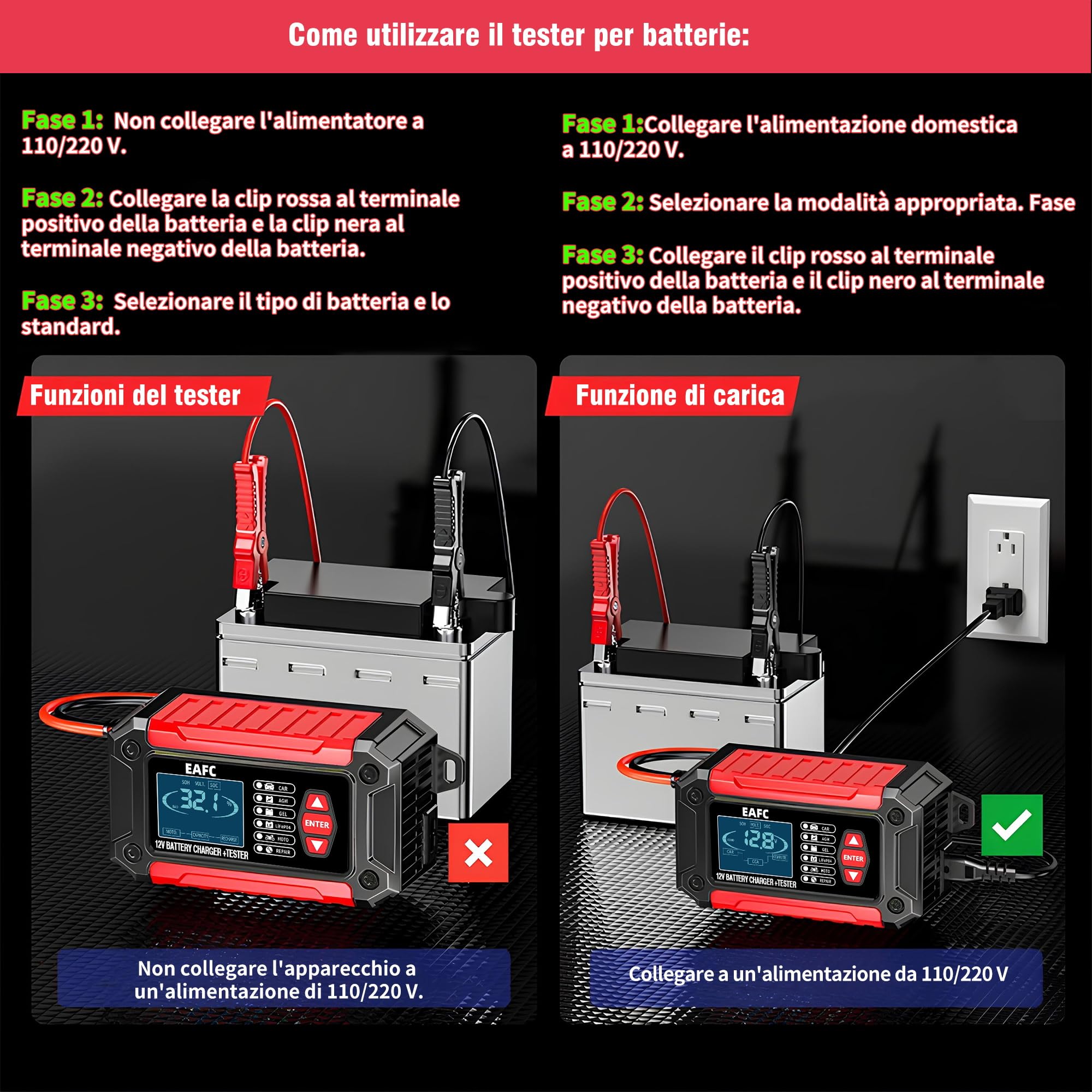 Tester Batteria Auto, 12V 6A Tester per Batterie, del Caricatore e LiFePO4 Strumento Diagnostico della Batteria per Auto Moto Barche SUV e Camion