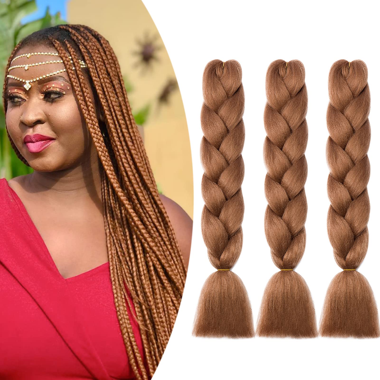 Gairyan Jumbo Braids Hair Extensions for Braiding 24" Colorful Ombre Jumbo Braiding Hair Extensions Synthetic Afro Hair Box Braids Crochet Twists 3 Bundles 300g Light Auburn