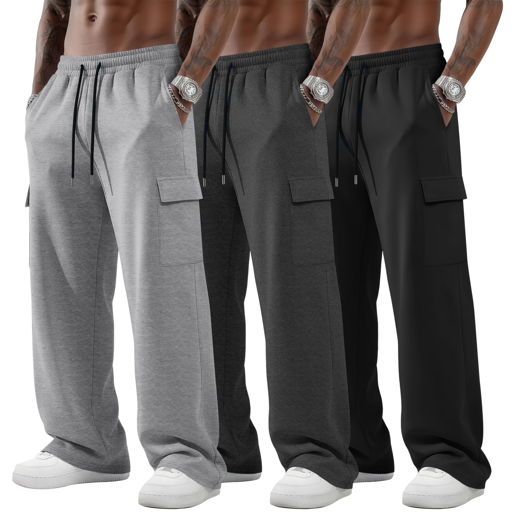 Neer 3 Pack Mens Big and Tall Cargo Sweatpants Baggy Wide Straight Leg Lightweight Open Bottom Drawstring Pants