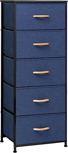 Pellebant Cómoda para dormitorio con 5 cajones, torre de almacenamiento vertical alta, marco de metal resistente, contenedores de almacenamiento de