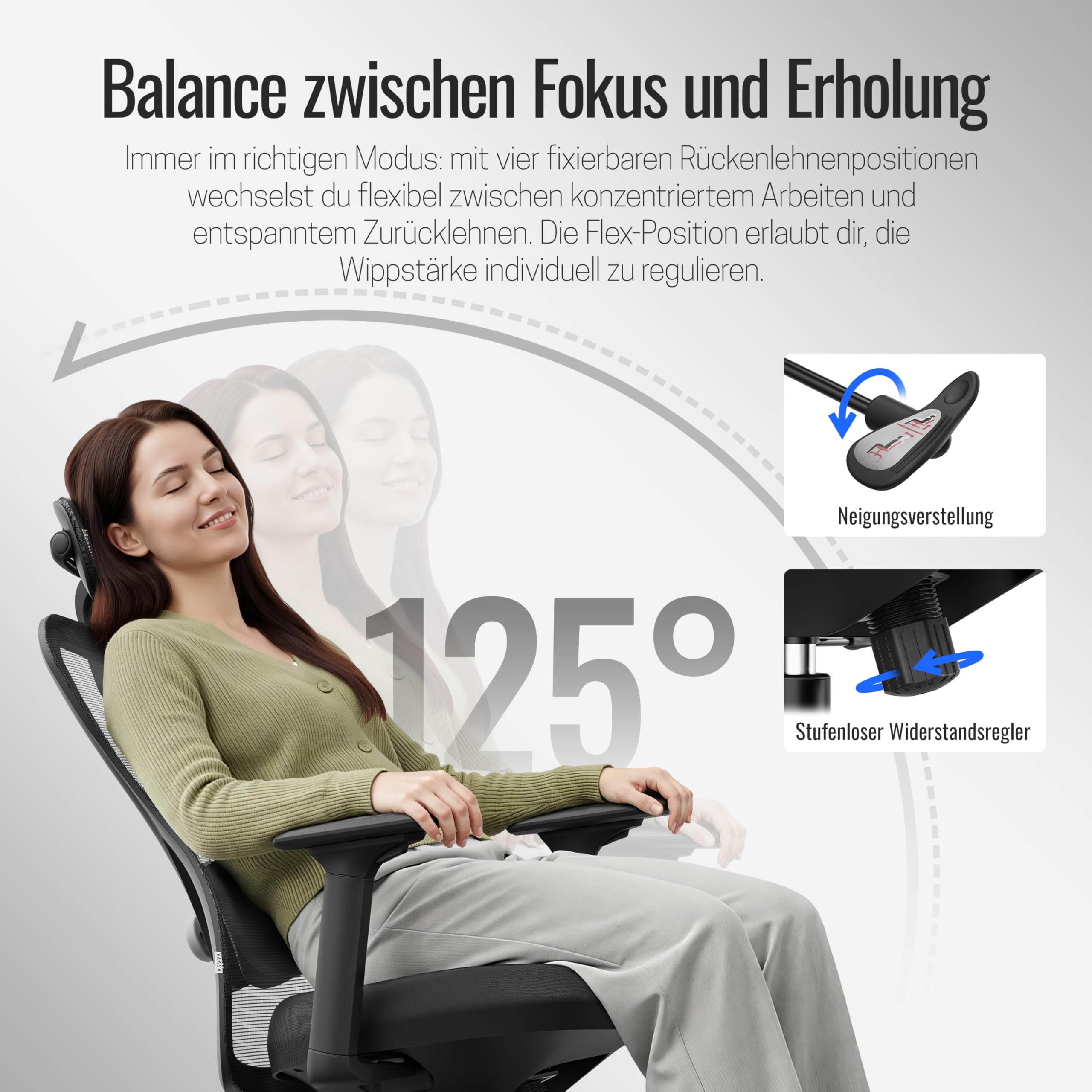 Yaasa Chair Plus, Bürostuhl des Jahres 2026, ergonomischer Schreibtischstuhl mit Kopfstütze 2D-Lordosenstütze & 4D-Armlehnen, Drehstuhl-TESTSIEGER gesundes Sitzen, Homeoffice Büro, Flüsterrollen 150kg