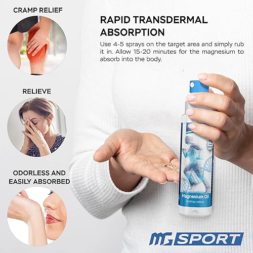 Miniatura 2 de Suplemento de magnesio de alta absorción y aceite en aerosol que apoya la función muscular, dolores musculares, calambres en las piernas y