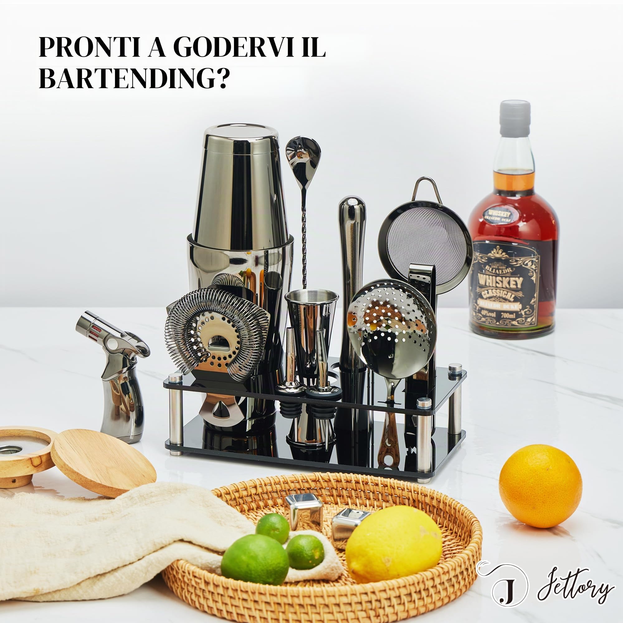 Boston Shaker Set – Set da Cocktail da 16 Pezzi in Acciaio Inossidabile 304 con Base in Acrilico, Colino, Pinza Ghiaccio, Cucchiaio da Bar, Misurino, Pestello, Versatori e Cocktail Picks