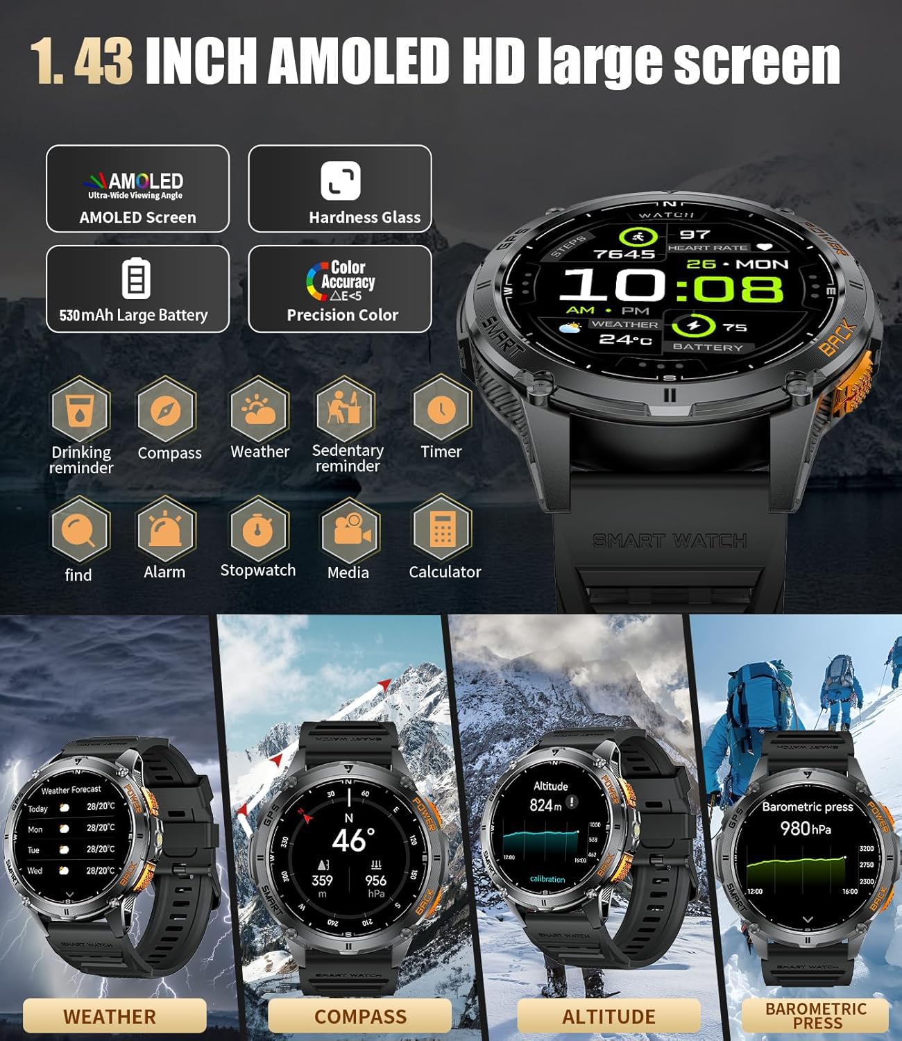 LIGE Integriertes GPS Smartwatch Herren, 1,43 Zoll AMOLED Smart Watch mit LED Taschenlampe for Android & iOS, 5ATM Wasserdicht, 300+ Zifferblätter, Kompass/Höhenmesser, 170+ Sportmodi, Graphitschwarz