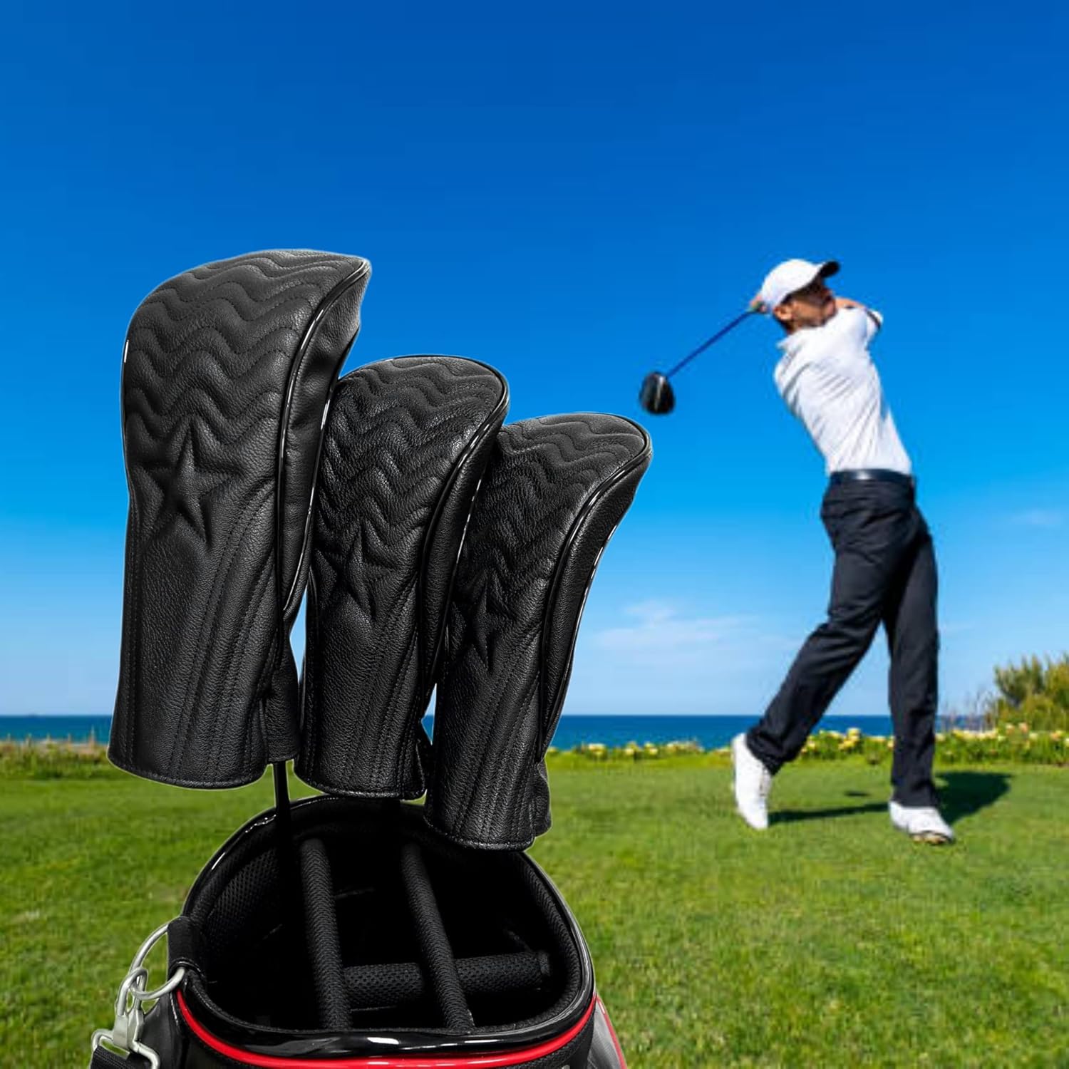 WTLJQQY 3pcs Golf Club Head Covers Set, Driver & Woods Driver Headcover, Fairway Wood Covers, Black, Leather, Golf