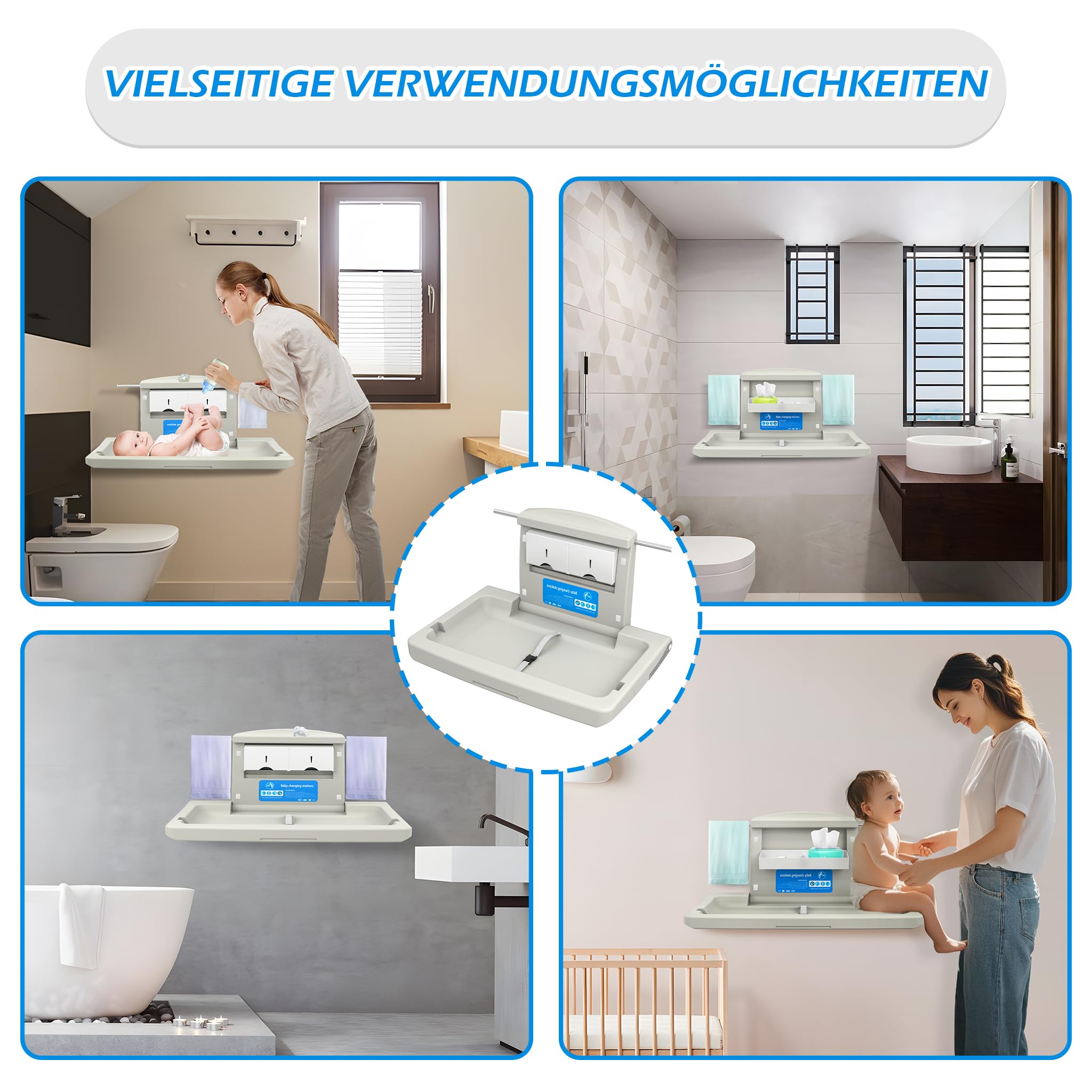 Wickelkommode Wandmontierter HDPE, Baby Mobiler Wickeltisch klappbar mit Sicherheitsgurt, Ablagefächer, Haken, 85x57x47 cm für Zuhause Einkaufszentrum, Gewichtskapazität 33 lbs/ 15kg