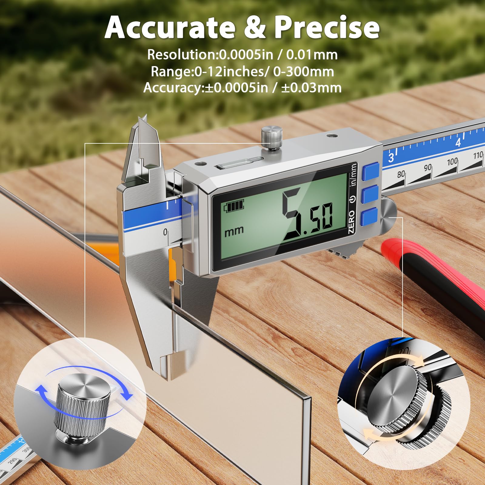 Calibre Digital Recargable Pantalla TáCtil,Calibrador Digital ElectróNico de PrecisióN 300mm/12pulgadas,Pie de Rey ElectróNico con Pantalla Lcd（Azul Plateado）