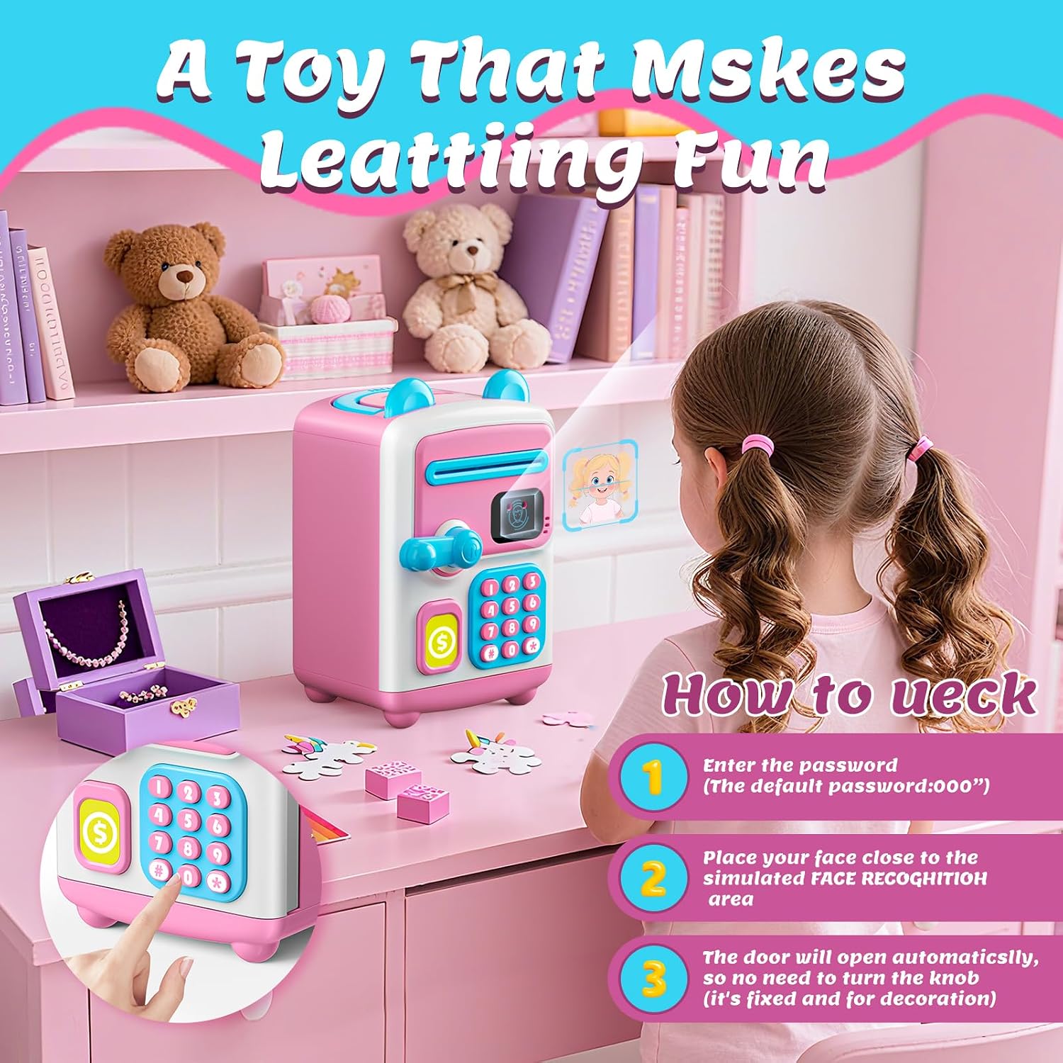 【Upgraded】 Piggy Bank, Face ID Password Unlocking Electronic Kids Bank ATM Security Unlocking Cash Coin Bank Toys Gifts for Kids, Coin Bank for 3 4 5 6 7 8 9 10 11 12 Year Old Girls Boys