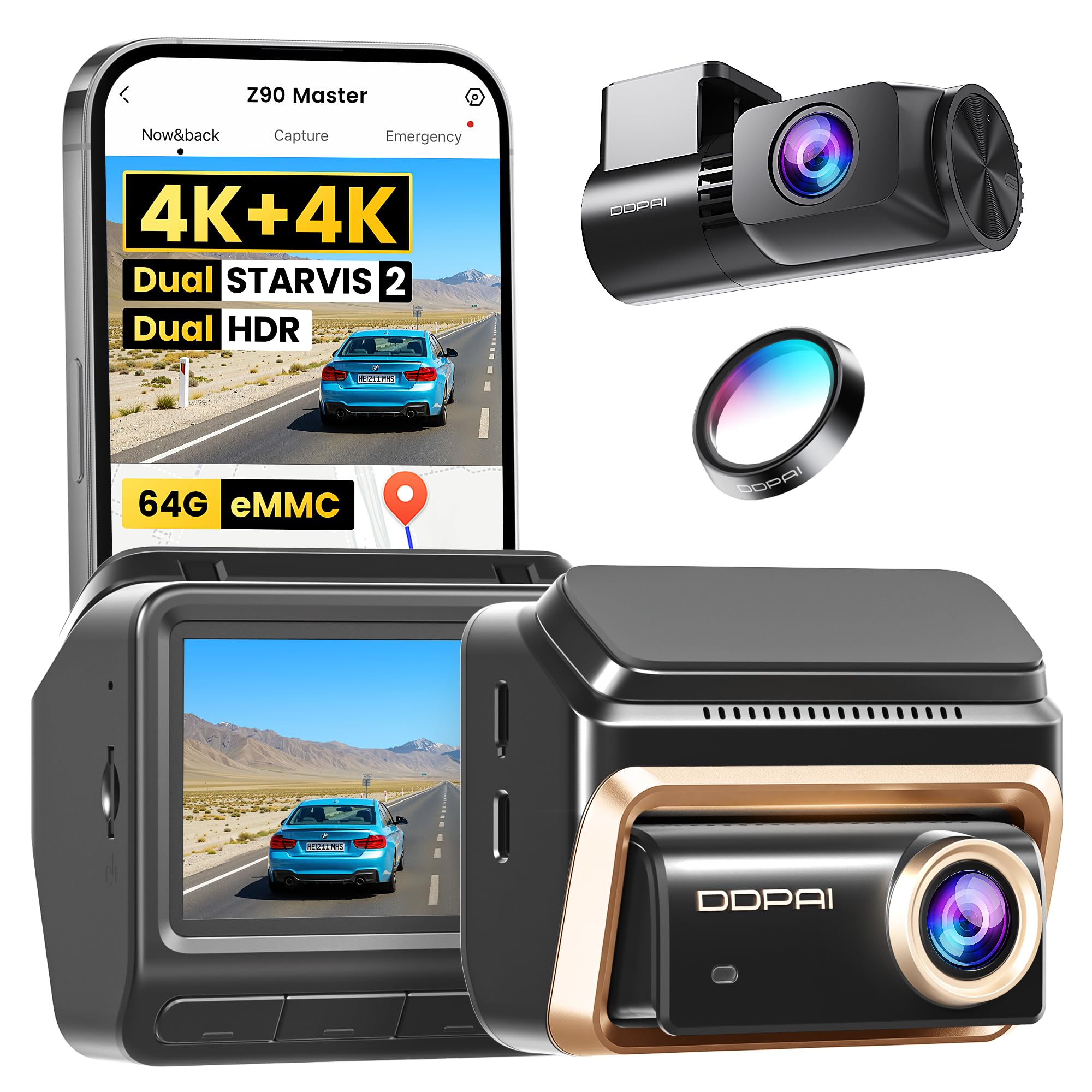 DDPAI Z90 Master Dash Cam samochodowa kamera samochodowa z przodu i z tyłu, 4K + 4K, Dual STARVIS 2, AI ISP noktowizor, tryb parkowania 24 h, 128 G eMMC gratis, Dual HDR 3K/60FPS, 5G WiFi GPS, 3" IPS