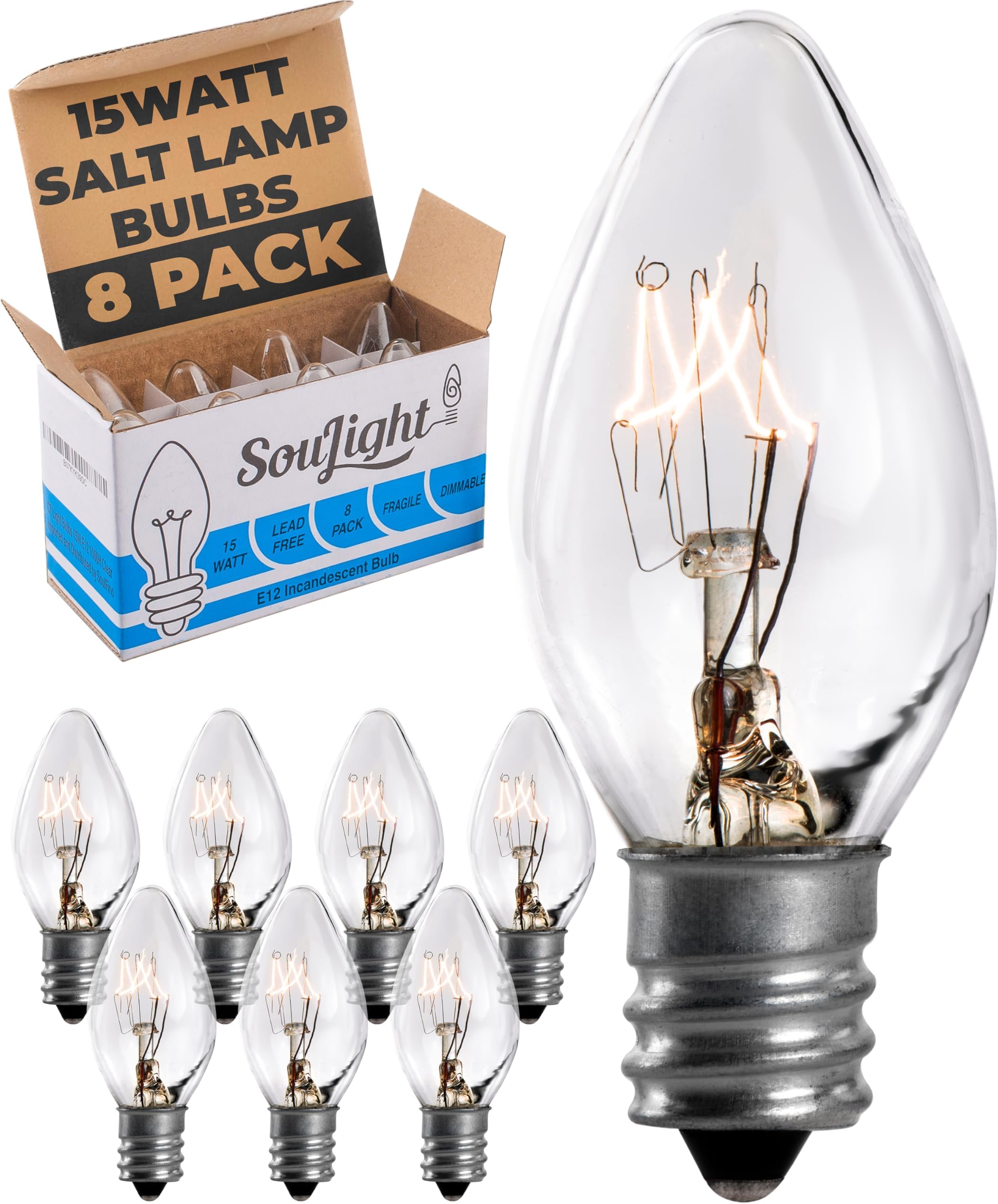 SouLight Salt Lamp Light Bulb - 15 Watt Replacement Bulbs for Himalayan Salt Lamps & Baskets, Chandeliers, Candle & Wax Warmers, Night Light Bulbs. E12 Socket, C7, Warm White – 8 Pack