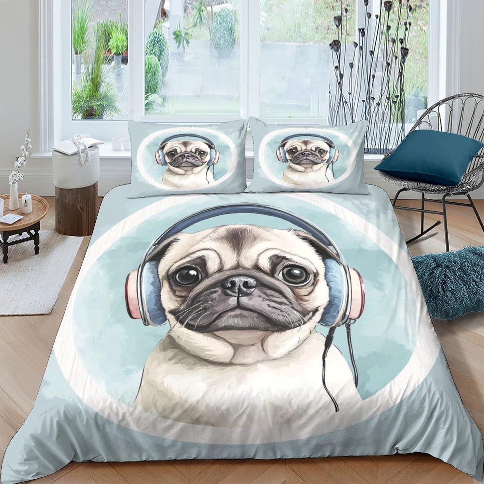 Ctjqhvkz Style-5 3D Printed Headphone Pug Fitted Sheet Microfiber Soft Blue Cartoon Dog Mattress Cover For Bedroom Guest Room Decor Single（135X200cm）