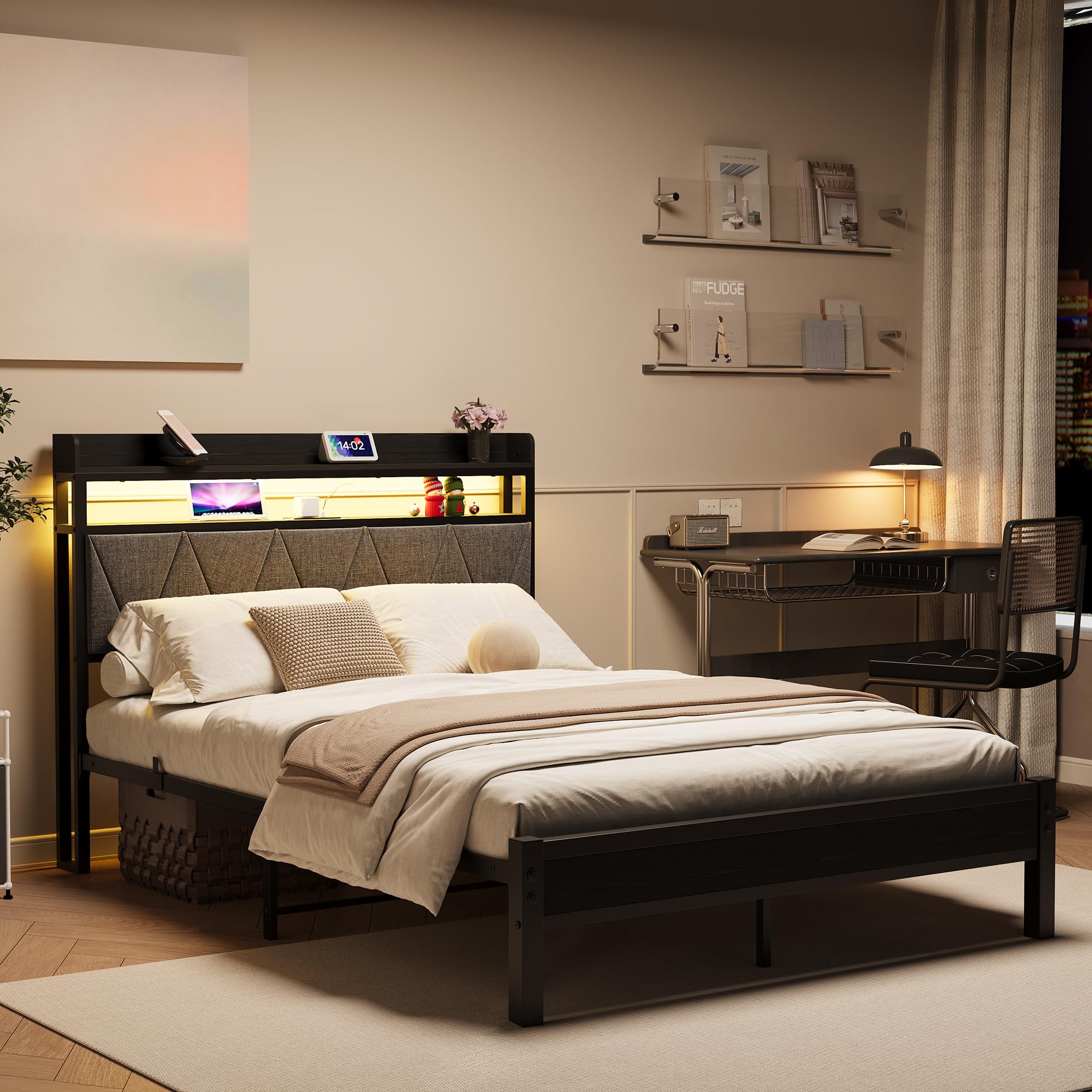 Telaio letto da 120 x 200 cm con testiera imbottita in legno con due ripiani, stazione di ricarica, luci a LED, telaio in metallo robusto, non è necessaria alcuna rete imbottita