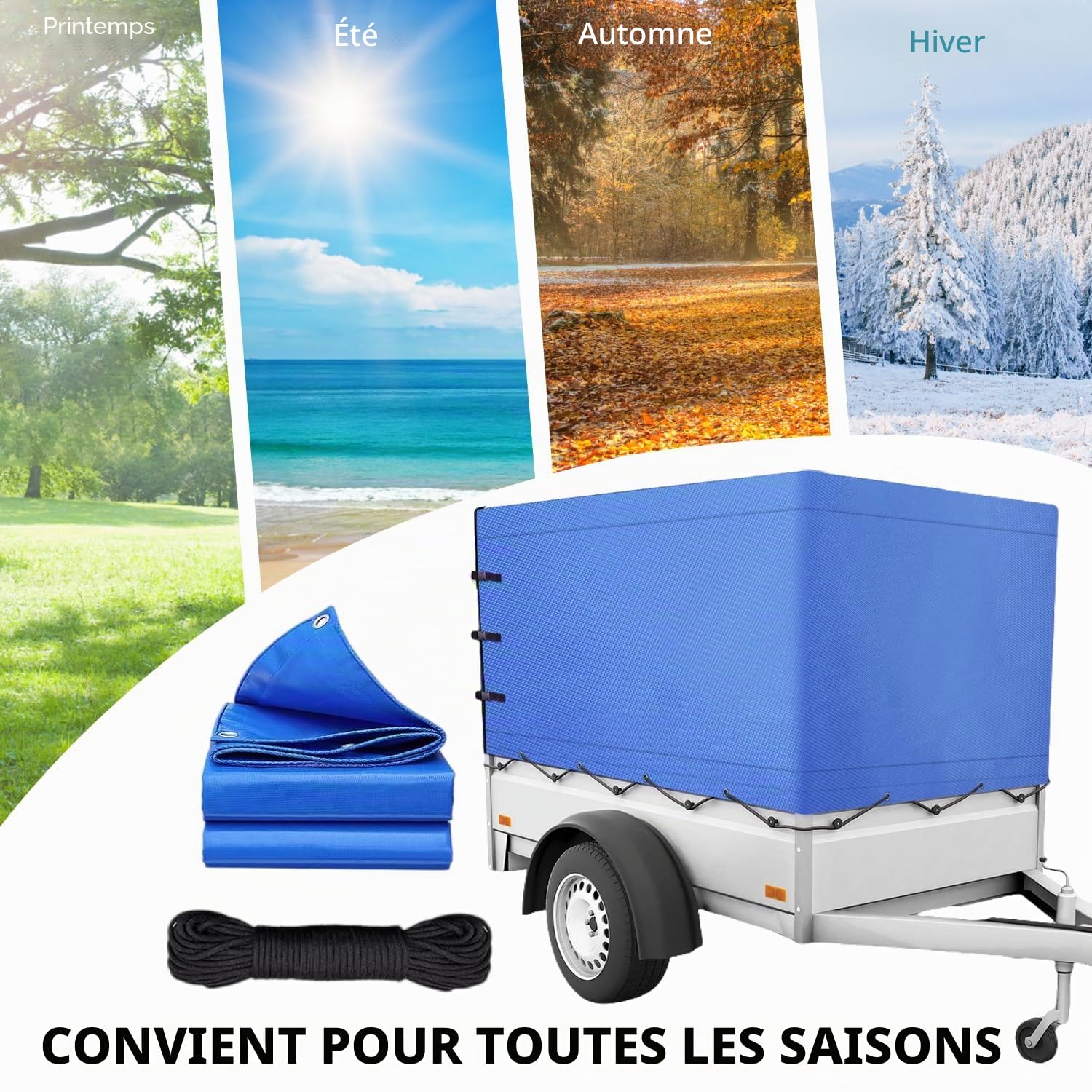 Bâche de Remorque Haute Performance, Bâche de Protection Tous Temps Durable avec Corde, Tissu Oxford 600D, Bâche de Couverture pour Remorques de 750 kg (avec Fermeture Éclair à l'Arrière)