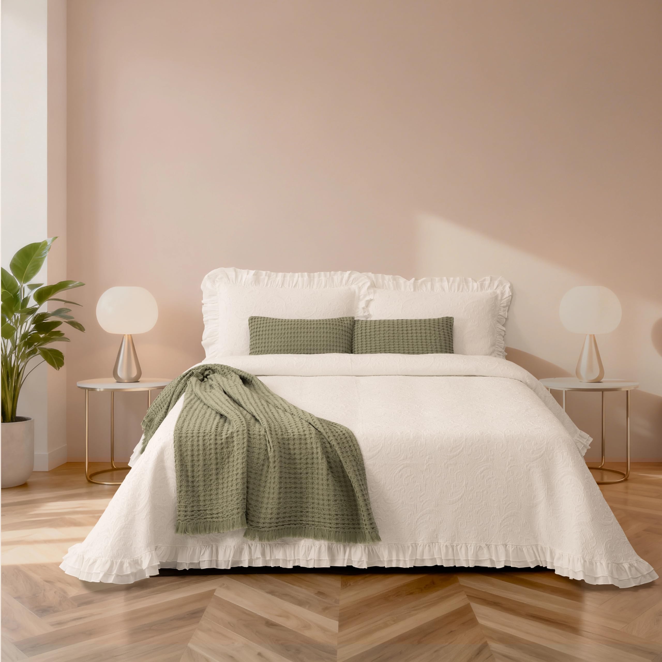 Colcha de Algodón Stonewashed Blanco con Volante Doble – Bonnie - 100% Algodón - Cama 200 cm (Colcha 280 x 260 cm) - Geométrico- Fabricado Portugal