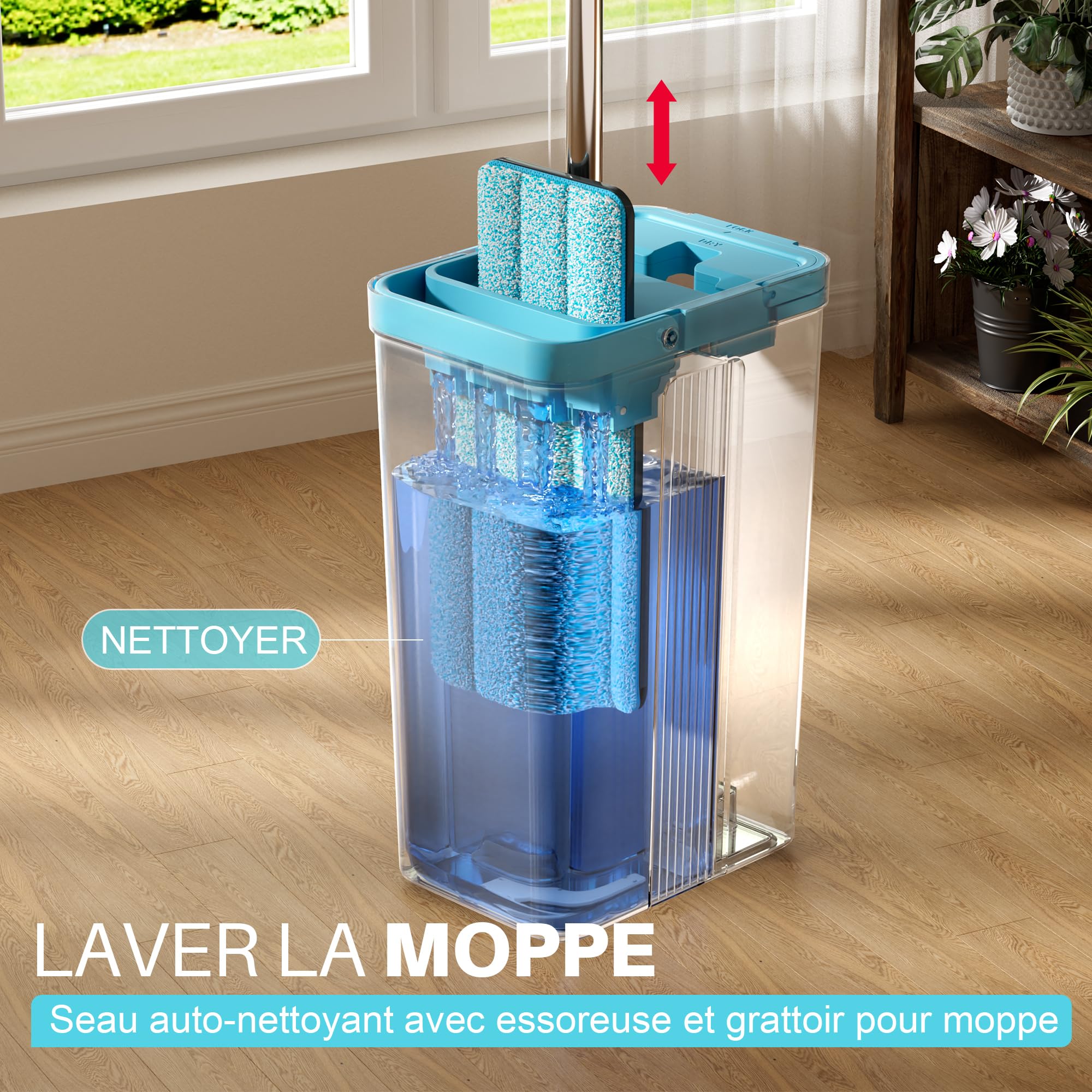 JOYMOOP Ensemble serpillère et Seau avec essoreuse, serpillères pour Nettoyage du Sol, Nettoyeur Mural avec Long Manche, avec 6 serpillères réutilisables en Microfibre – Gris + Bleu Cyan
