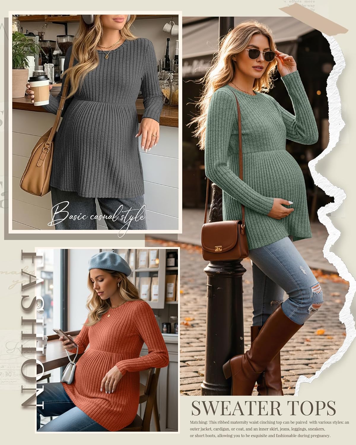 3 Pack Women's Maternity Shirts, Ribbed Long Sleeve Pregnancy Sweaters Tunic Pleated Tops Crew Neck Casual Blouses - Image 4