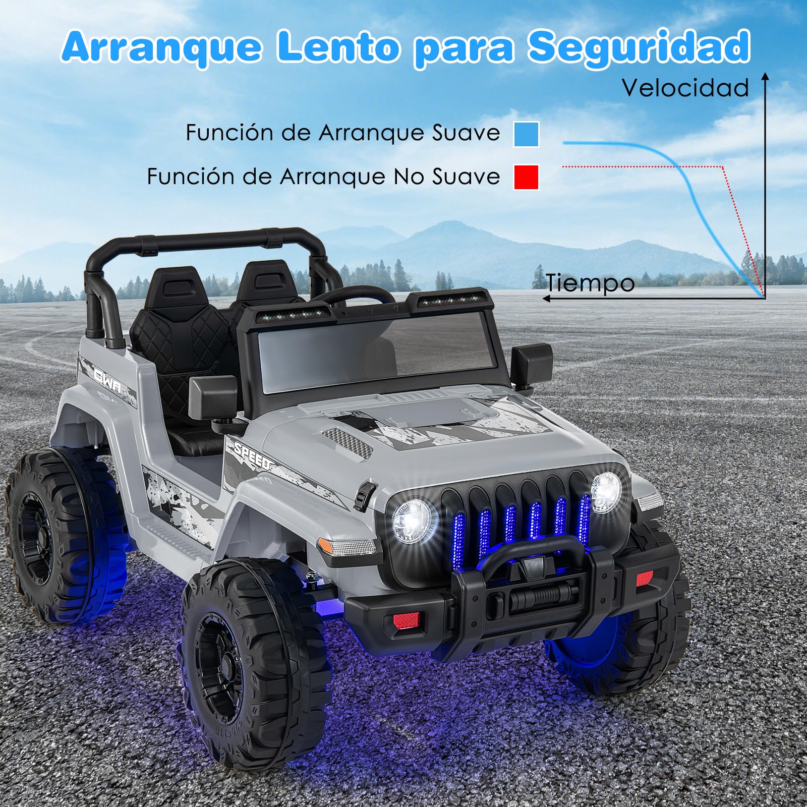 COSTWAY Coche Eléctrico para Niños 12V, Vehículo Todoterreno con Velocidad Ajustable, Vehículo Eléctrico de Juguete de 2 Plazas con Control Remoto 2,4G, Música, Puerto USB, Bluetooth, Luces (Gris)