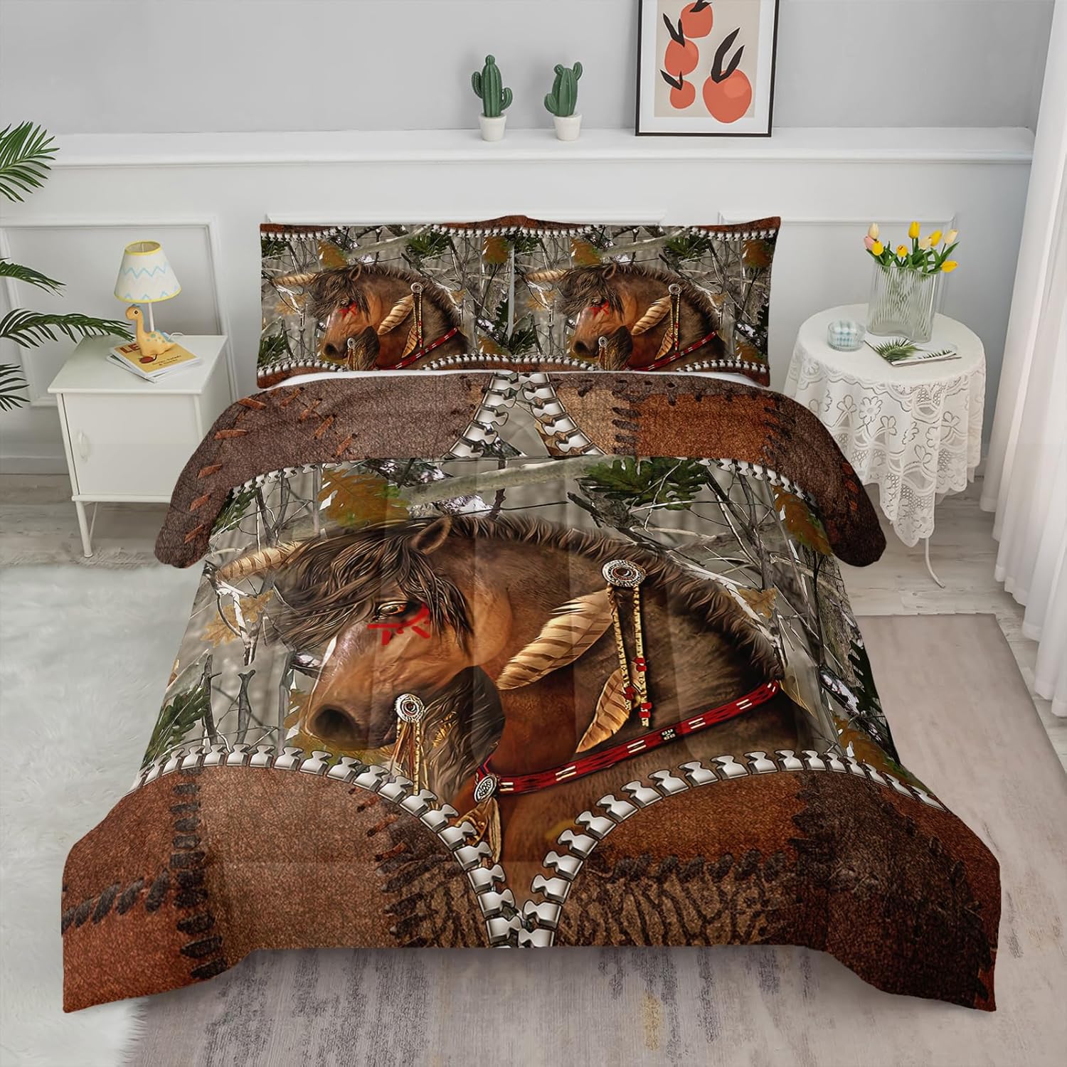 Axolotl Western Brown Horse Comforter Set Queen,Vintage