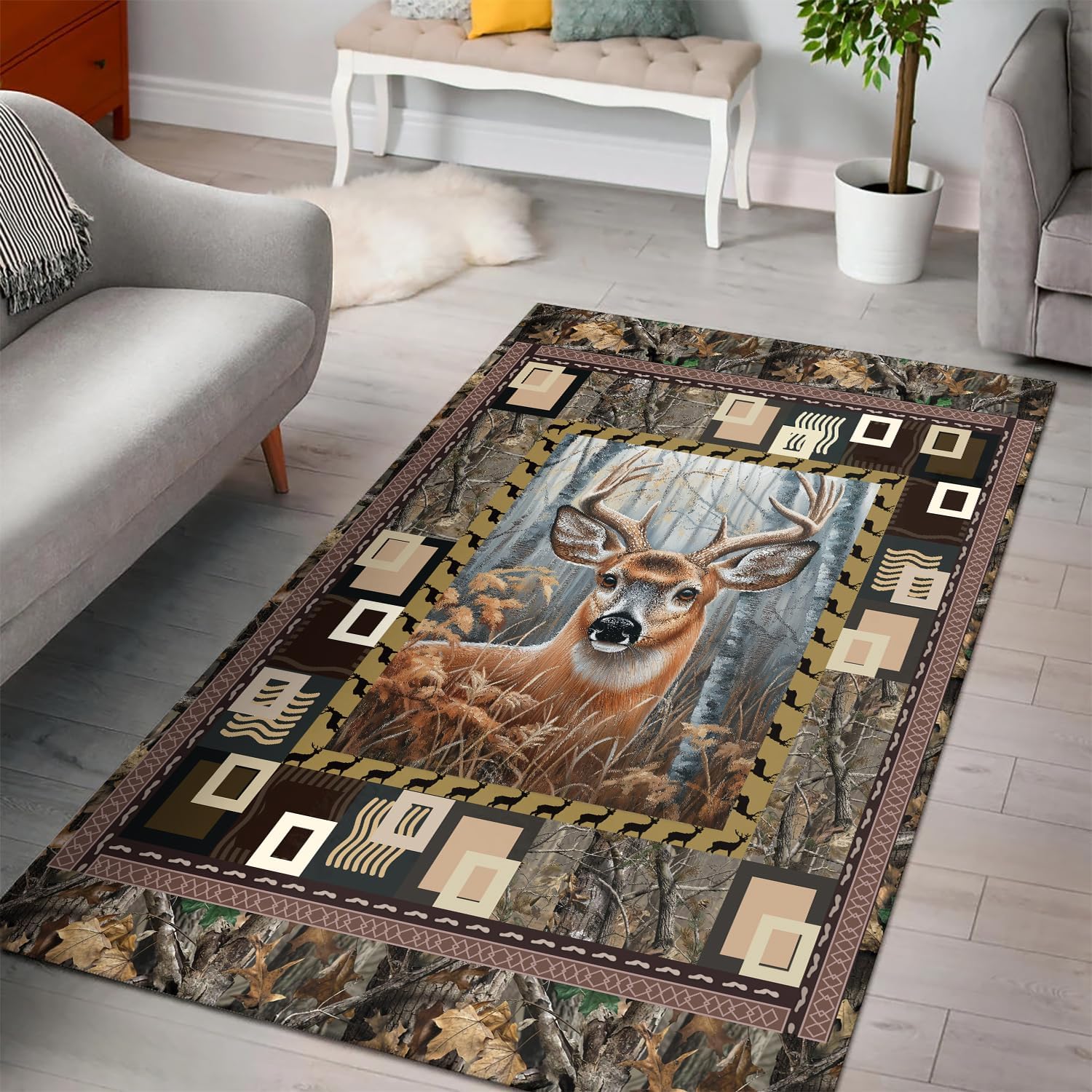 Deer Hunting Rug, Rustic Cabin, Farmhouse, Bear, Deer Antler Animal Area Rugs 3x5 4x6 5x7ft Living Room Carpet Floor Decor Home Decor H71