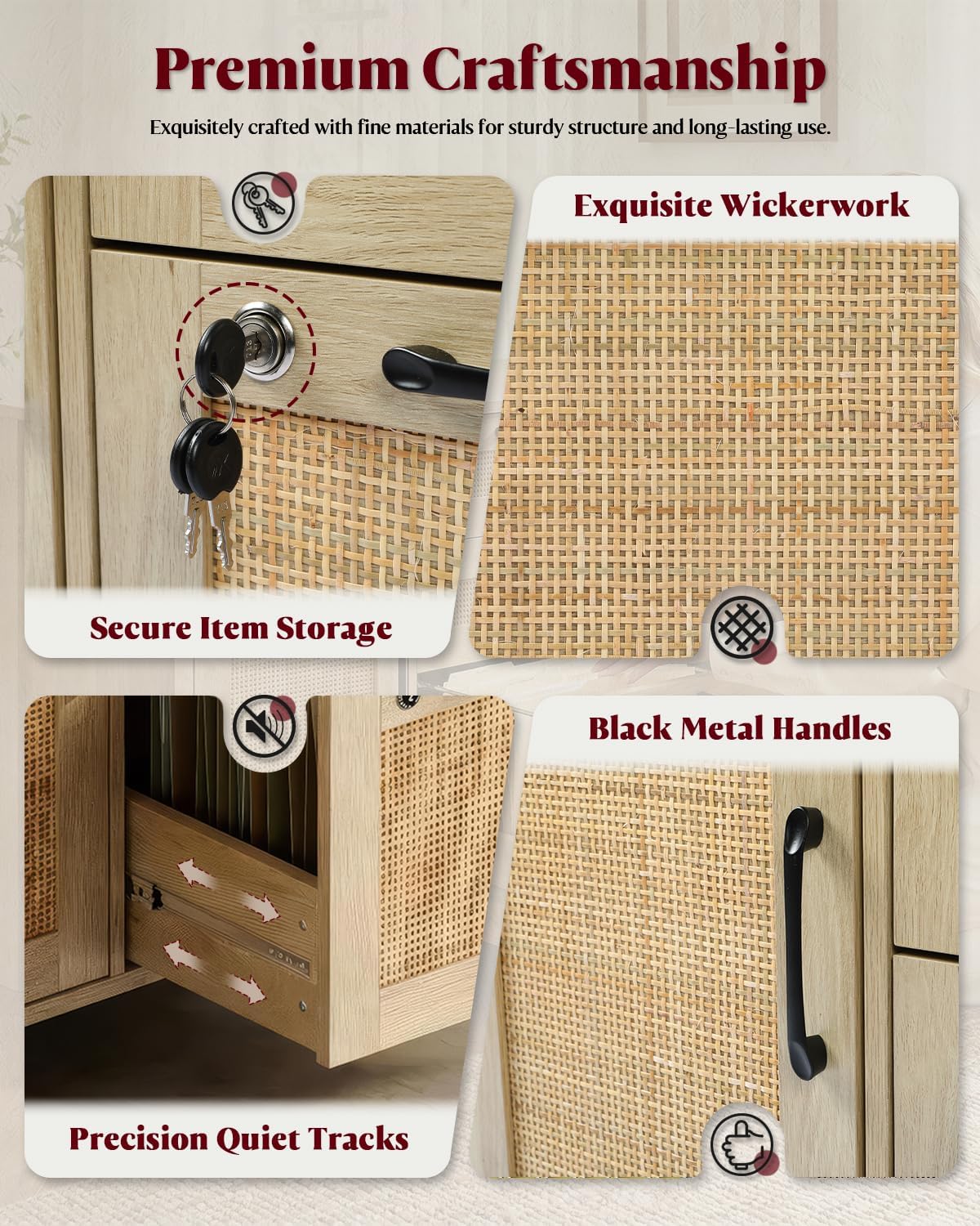 HOPUBUY 3 Drawer and 2 Doors File Cabinet with Lock, Printer Stand Lateral Filing Cabinets for Home Office and School, Wood Rattan File Cabinet for Hanging Files/A4/F4 Size, Natural Wood