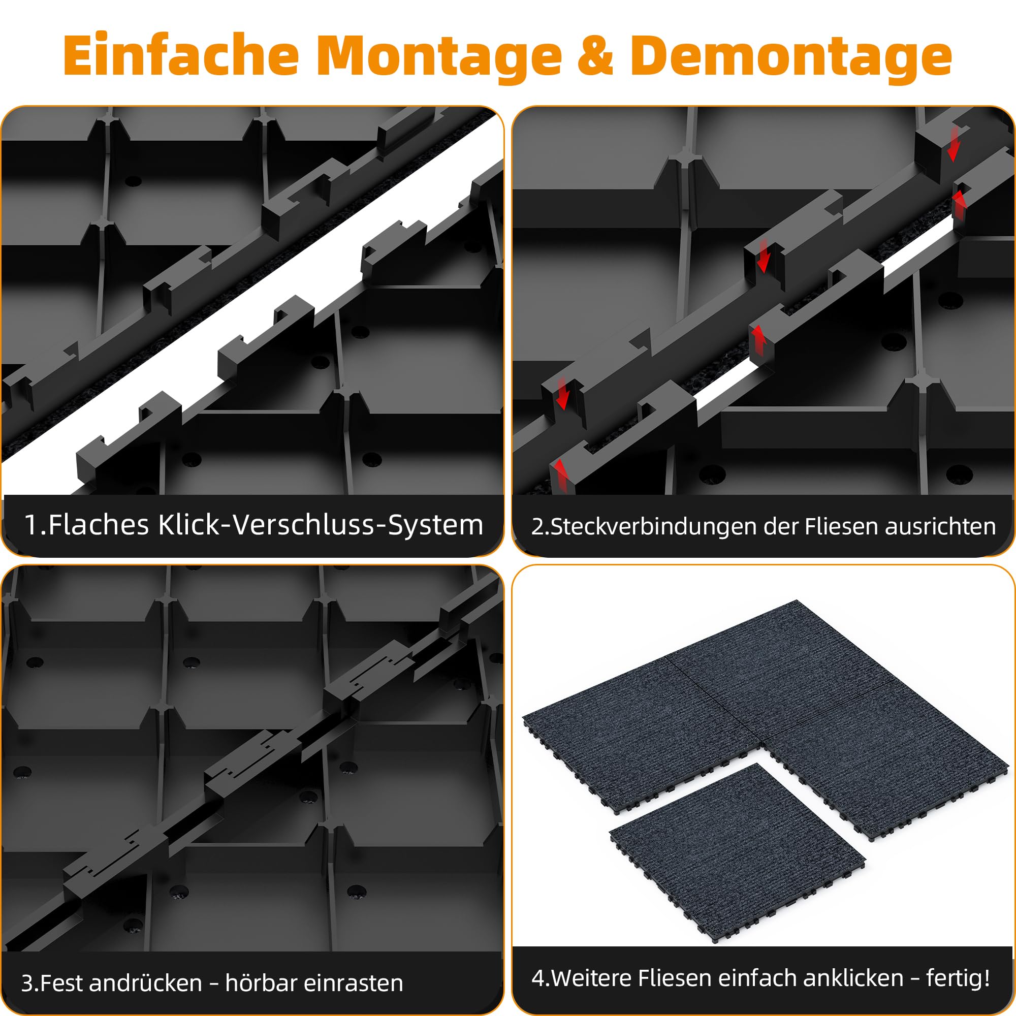 36er Set Teppich-Klickfliesen 30x30 cm, Interlocking Carpet Floor Tiles für Büro, Wohnzimmer, Balkon & Innenbereiche, Anti-Rutsch & Bodenschonend, schnelle DIY-Verlegung, Grau