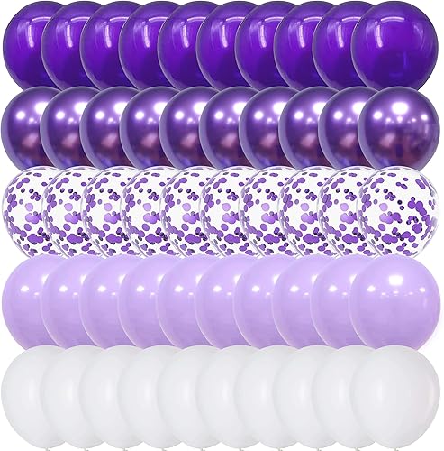Paquete de 60 globos color morado y blanco de 12 pulgadas, morado oscuro, morado claro, morado metálico cromado y de confeti morado, para