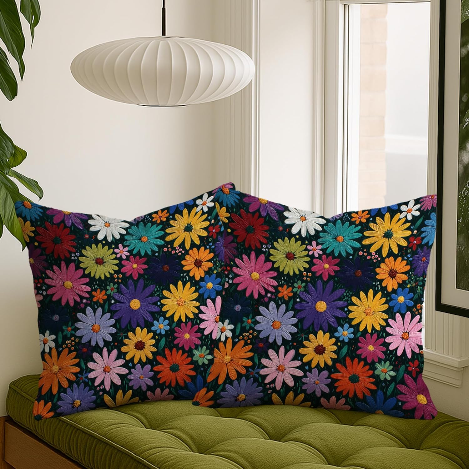 Spring Daisy Pillow Covers Set of 2, Purple Orange Flowers Throw Pillow Cases, Boho Outdoor Decorative Square Vintage Decor Cushion Covers for Home Sofa Bed Couch 28x28 Inch