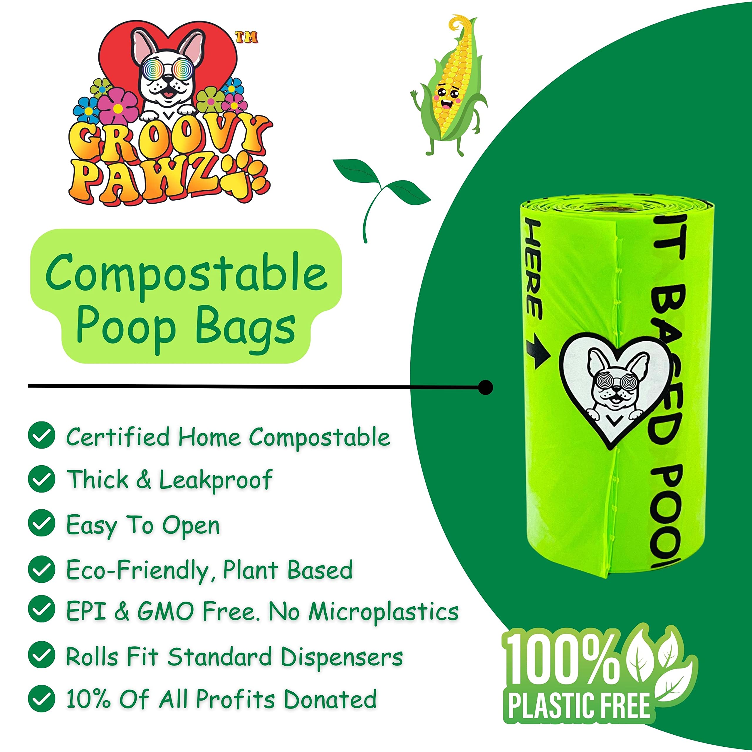 Bolsas compostables certificadas para excrementos de perro, 10% a caridad, bolsas para excrementos de perro a base de plantas, 120 unidades, ecológicas y respetuosas con el medio ambiente,