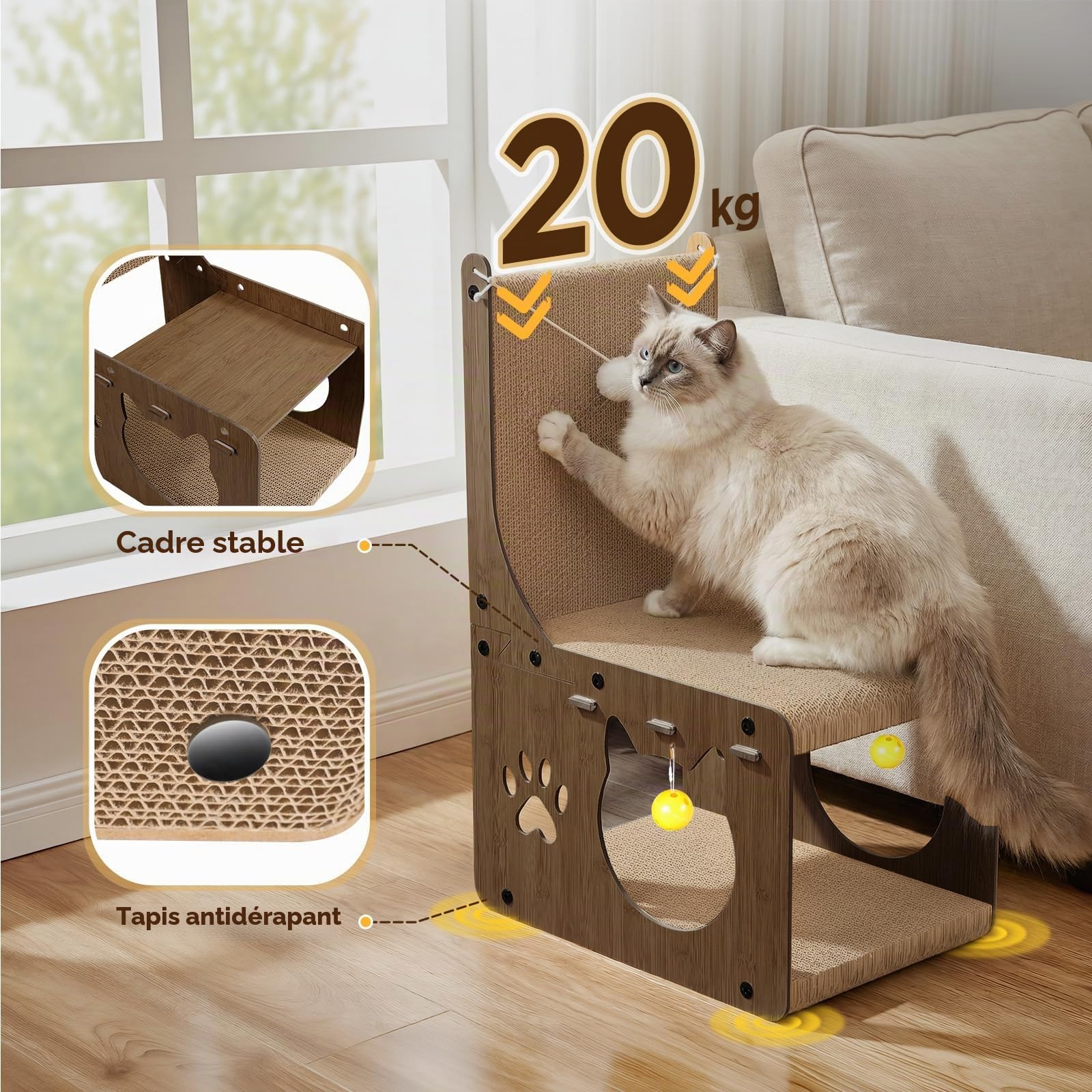 Gimars Grattoir Chat Carton en Forme de Chaise, Griffoirs pour Chats avec Balles et Tunnel Cachette, Protège-Meubles pour Chats d’Intérieur (Noyer)