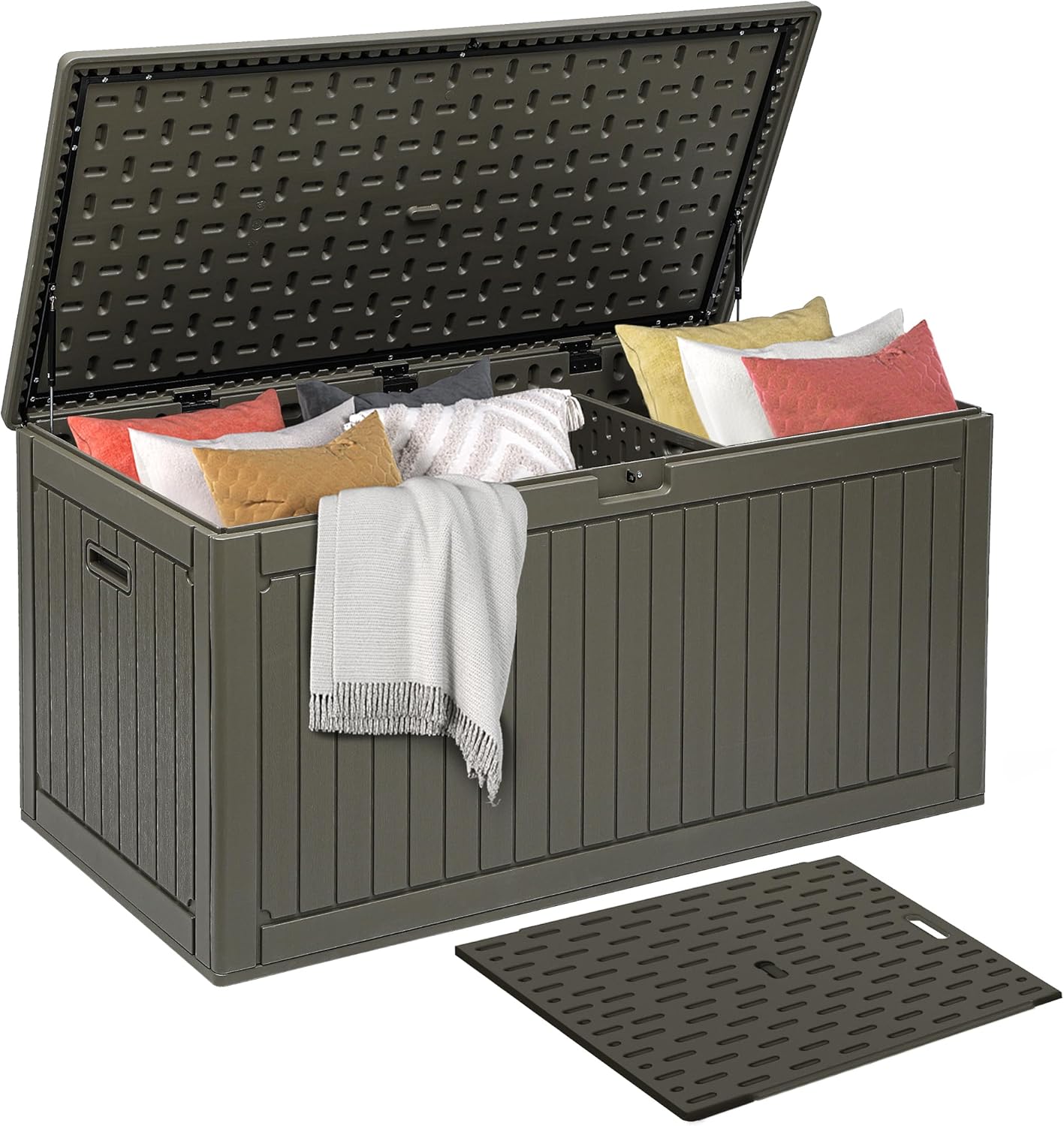 DWVO 260 Gallon Double-Wall Deck Box with Divider, XXL Extra Large Resin Outdoor Storage Box, Lockable & Waterproof, Double as Seating, 1000lbs Capacity (Light Brown)