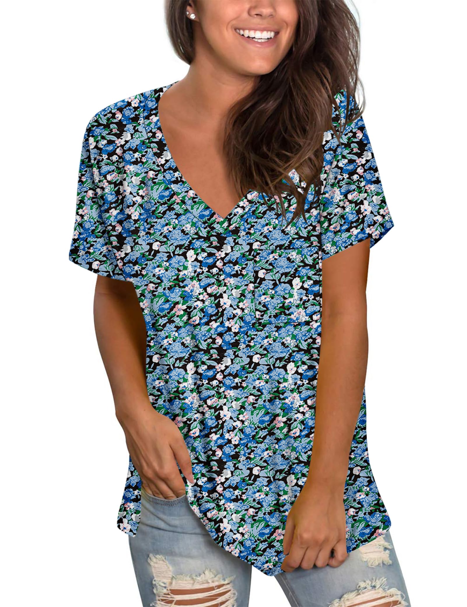 Molerani Women's Flower Sea Blue Short Sleeve V-Neck Shirts Loose Casual Tee Summer Tops With Pocket (Xl, )