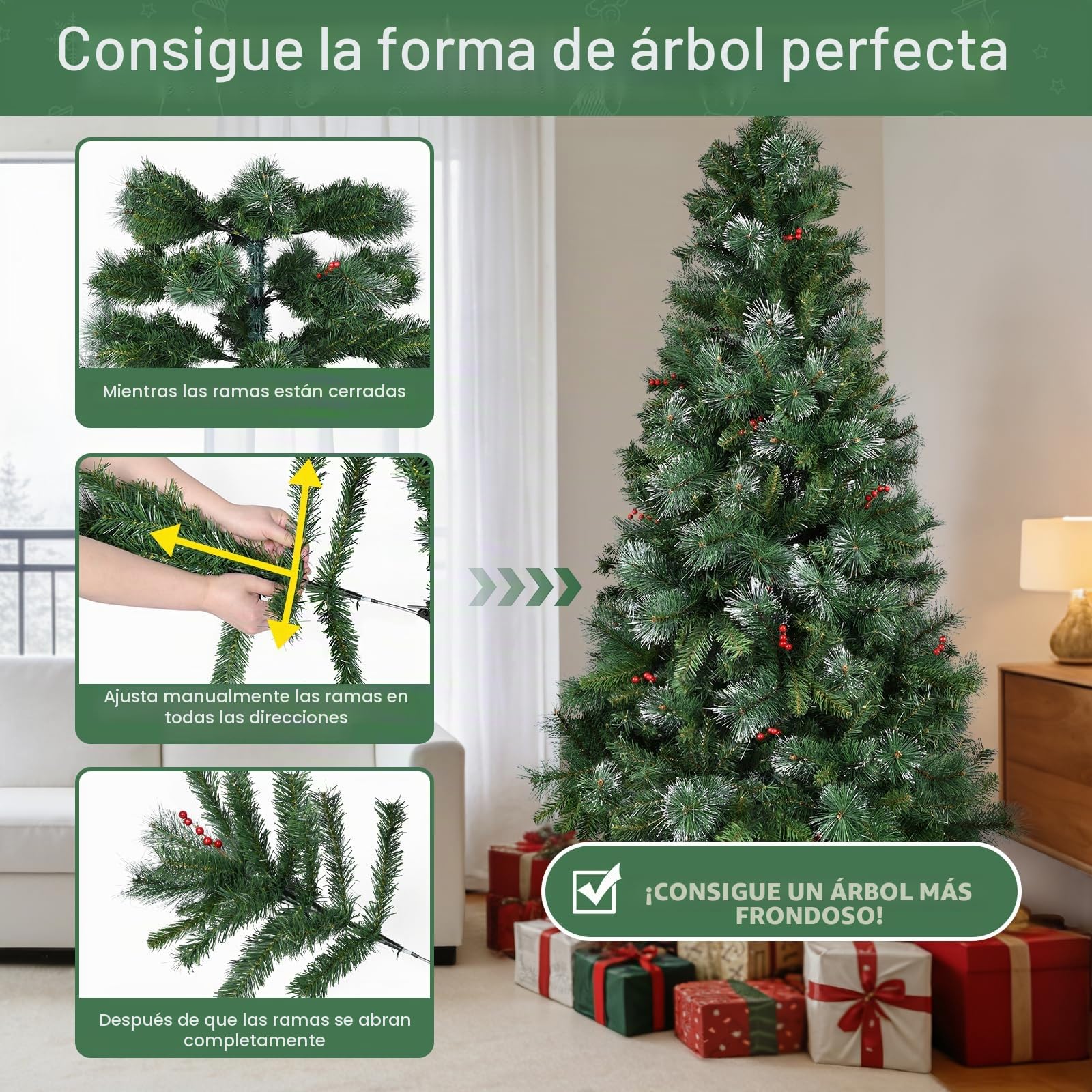 YEAUPE PRO Árbol de Navidad Artificial de 165cm con Bayas Rojas y Efecto Nieve, Decorado, PVC, Montaje en 3 Partes, Base de Metal