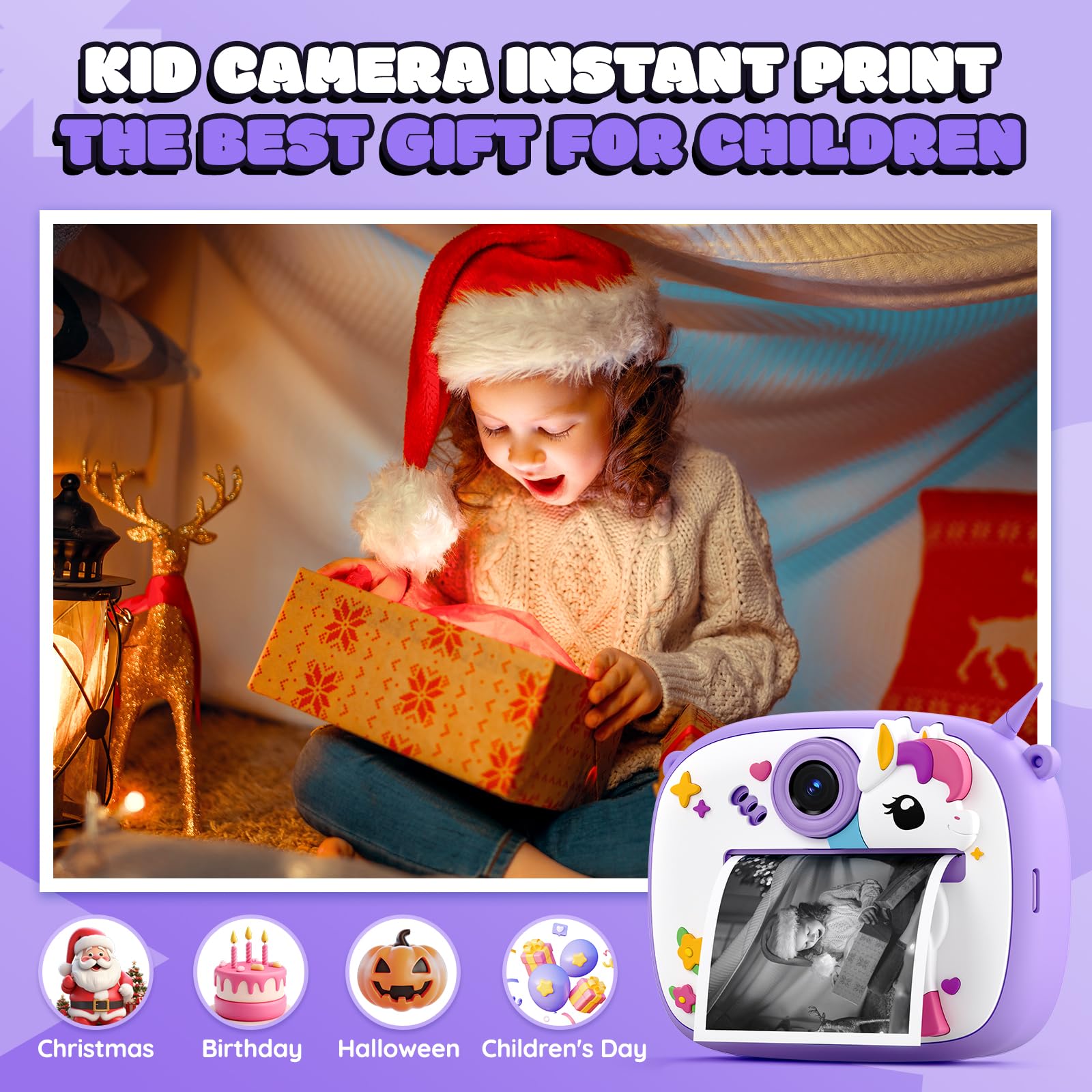 YOZISS Macchina Fotografica Bambini Istantanea, 1080P macchina fotografica istantanea bambini con 3 Rotoli di Carta da Stampa, Regalo per Bambini dai 3 a 14(Pony Viola)