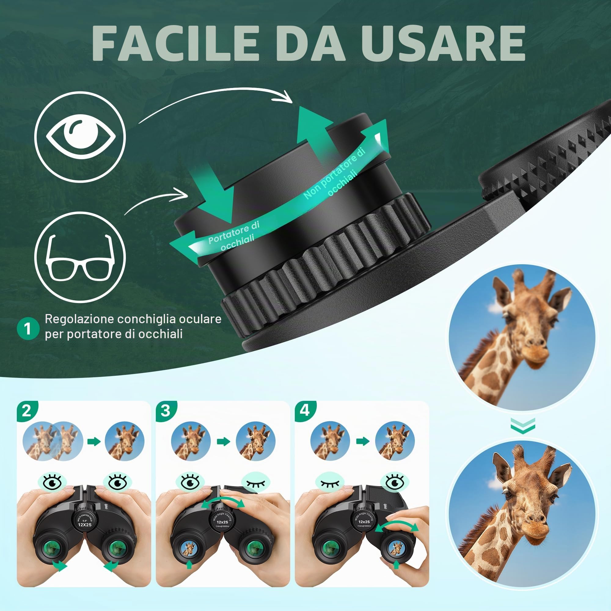 Kylietech Binocolo Compatto 12 x 25, Binocolo Leggero per Adulti e Bambini, Effetto Multistrato FMC e Prismi BAK-4, Ideale per Sport All'aria Aperta, Viaggi e Caccia, Concerti