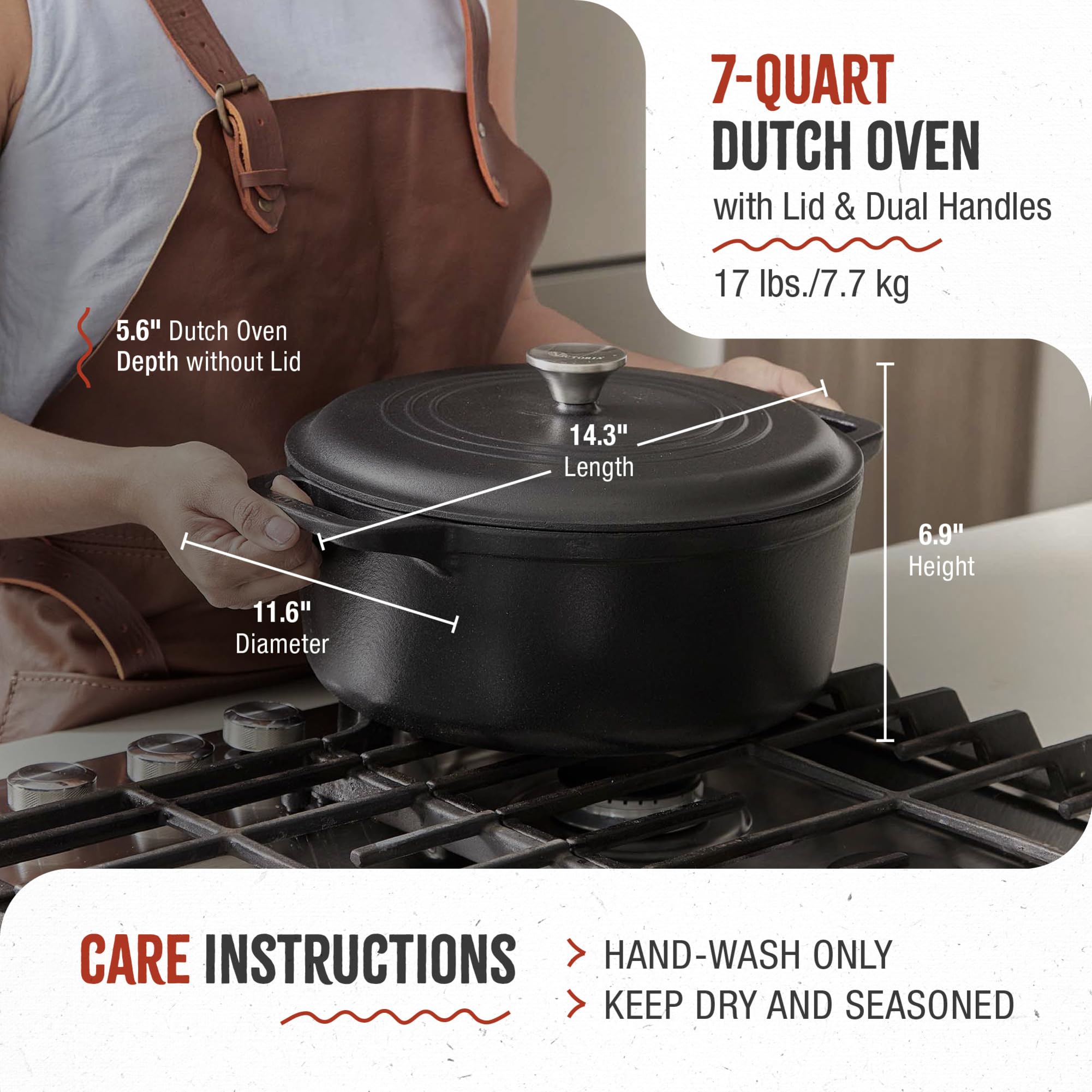 VICTORIA Pre-Seasoned Cast Iron Dutch Oven with Lid & Dual Loop Handles, 7 Quart (6.6L, 29 cm) | Casserole Pot for Bread Baking, Slow Cooking, Braising & Roasting | Induction, Gas, Oven, BBQ Safe 4
