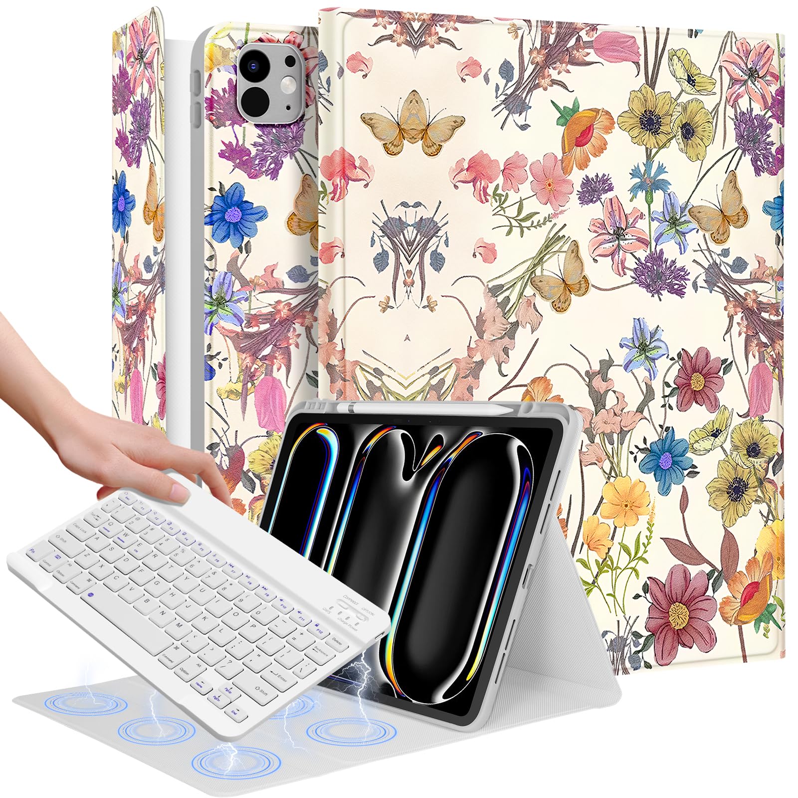 Wazzasoft for iPad Pro 13 inch Case with Keyboard M4 - Pencil Holder Folio Women Girls Cute Kawaii Strawberry Unique Design for Apple Tablet Cover Pro